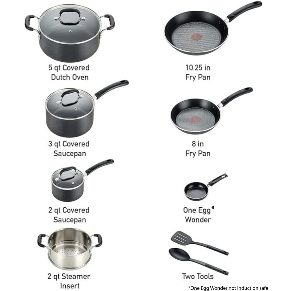T-Fal Experience Nonstick Cookware Set 12 Piece, Induction, Oven Broiler Safe 350F, Kitchen Cooking Set W/ Fry Pans, Saucepan, Stockpot, Kitchen Utensils, Pots And Pans, Dishwasher Safe, Black