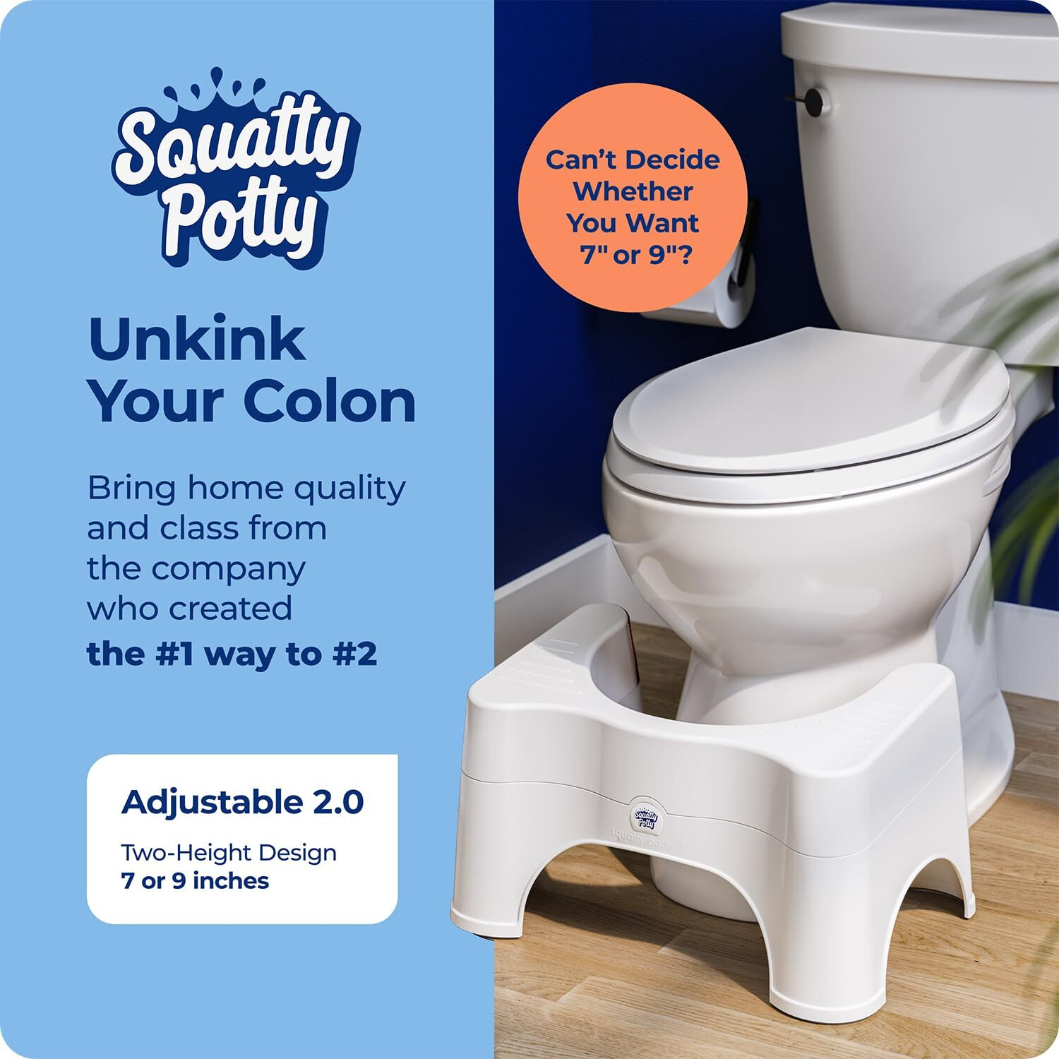 Squatty Potty The Original Bathroom Toilet Stool - Adjustable 2.0, Convertible To 7"" Or 9"" Height With Removable Topper For Adults And Kids White