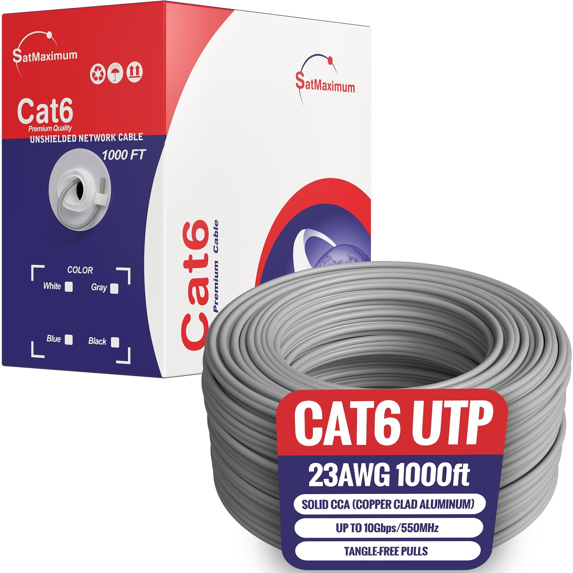 Cables Direct Online Cat6 Cable 1000Ft Pull Box Solid Ethernet Lan Utp Cable 23Awg 550Mhz Rj45 Network Cca Copper Clad Aluminum Wire Bulk (Gray)