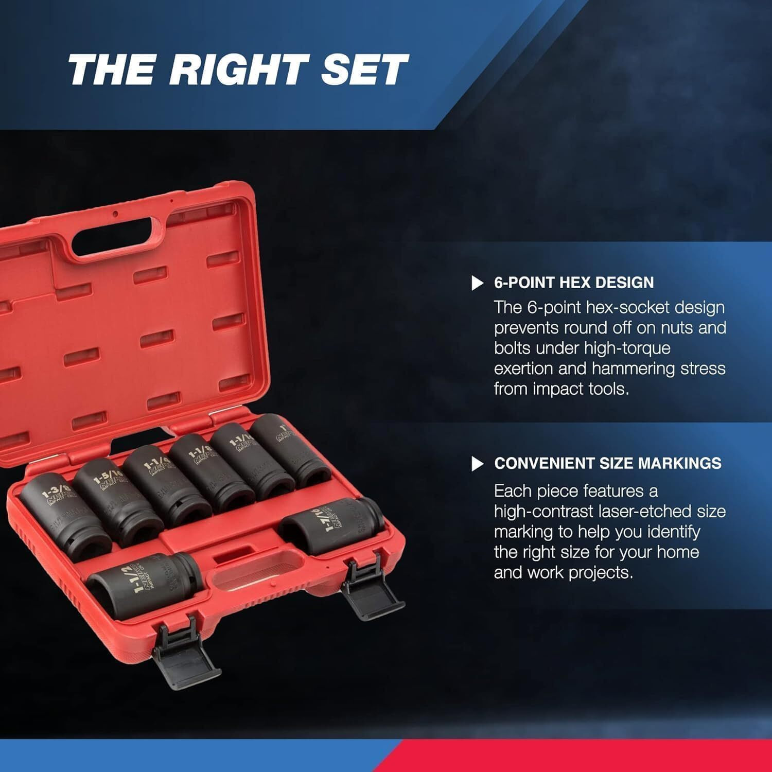 Neiko 02461A 3/4 Inch Drive Impact Socket Set, Sae 1    To 1-1/2   , 8 Pc, Deep/Jumbo Sockets, Chrome Vanadium Cr-V
