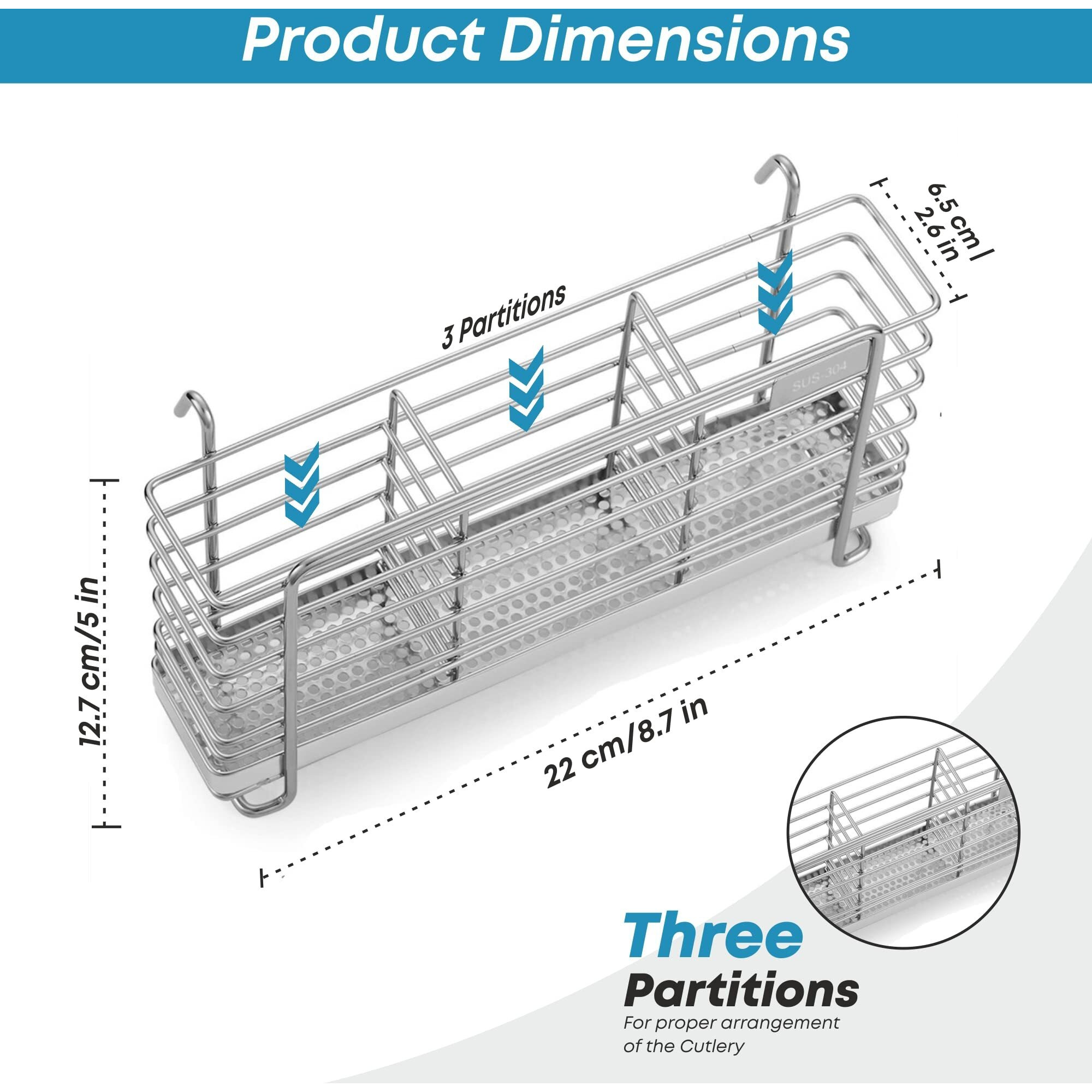 Kesol Sturdy 304 Stainless Steel Utensil Drying Rack Basket Holder With Hooks 3 Divided Compartments, Rust Proof, No Drilling
