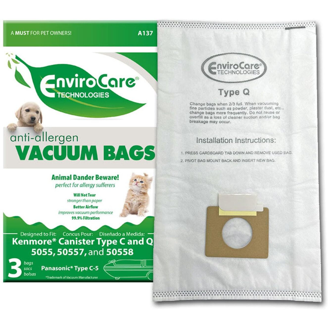 Envirocare Replacement Allergen Filtration Vacuum Cleaner Dust Bags Designed To Fit Kenmore Canister Type C/Q, 50555, 50558, 50557 And Panasonic Type C-5 3 Pack