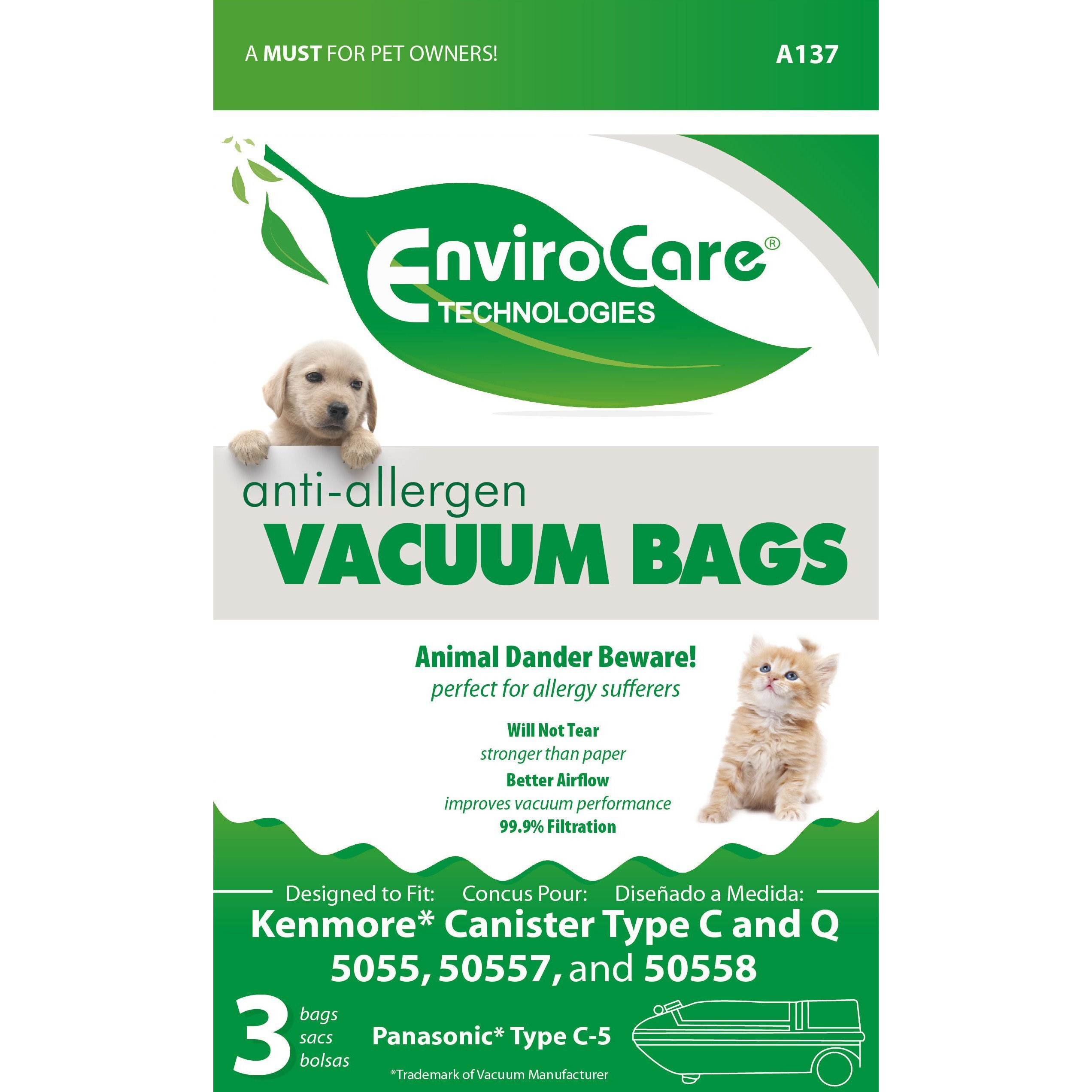 Envirocare Replacement Allergen Filtration Vacuum Cleaner Dust Bags Designed To Fit Kenmore Canister Type C/Q, 50555, 50558, 50557 And Panasonic Type C-5 3 Pack