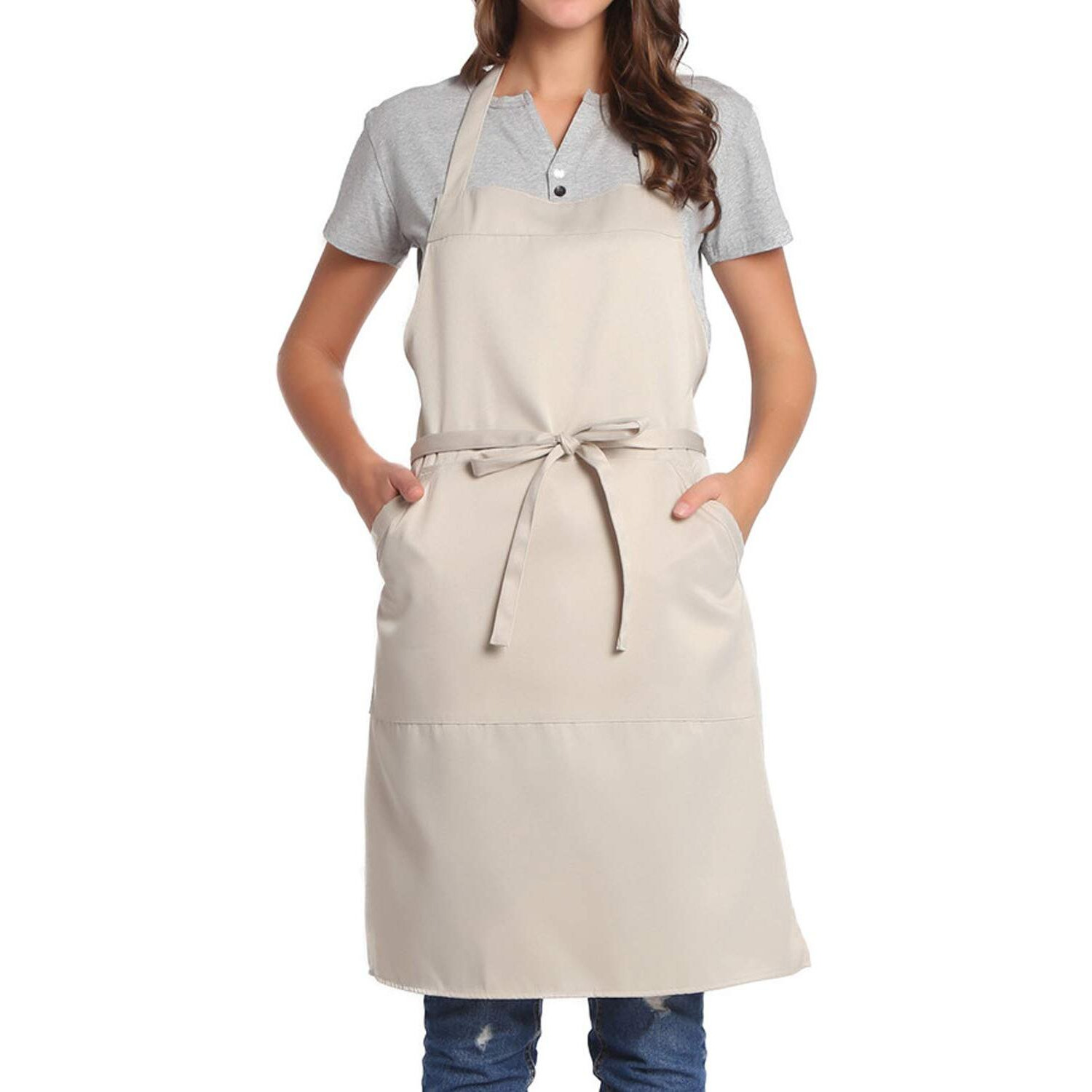 Bighas Adjustable Bib Apron With Pocket Extra Long Ties For Women Men, 18 Colors, Chef, Kitchen, Home, Restaurant, Cafe, Cooking, Baking (Beige)
