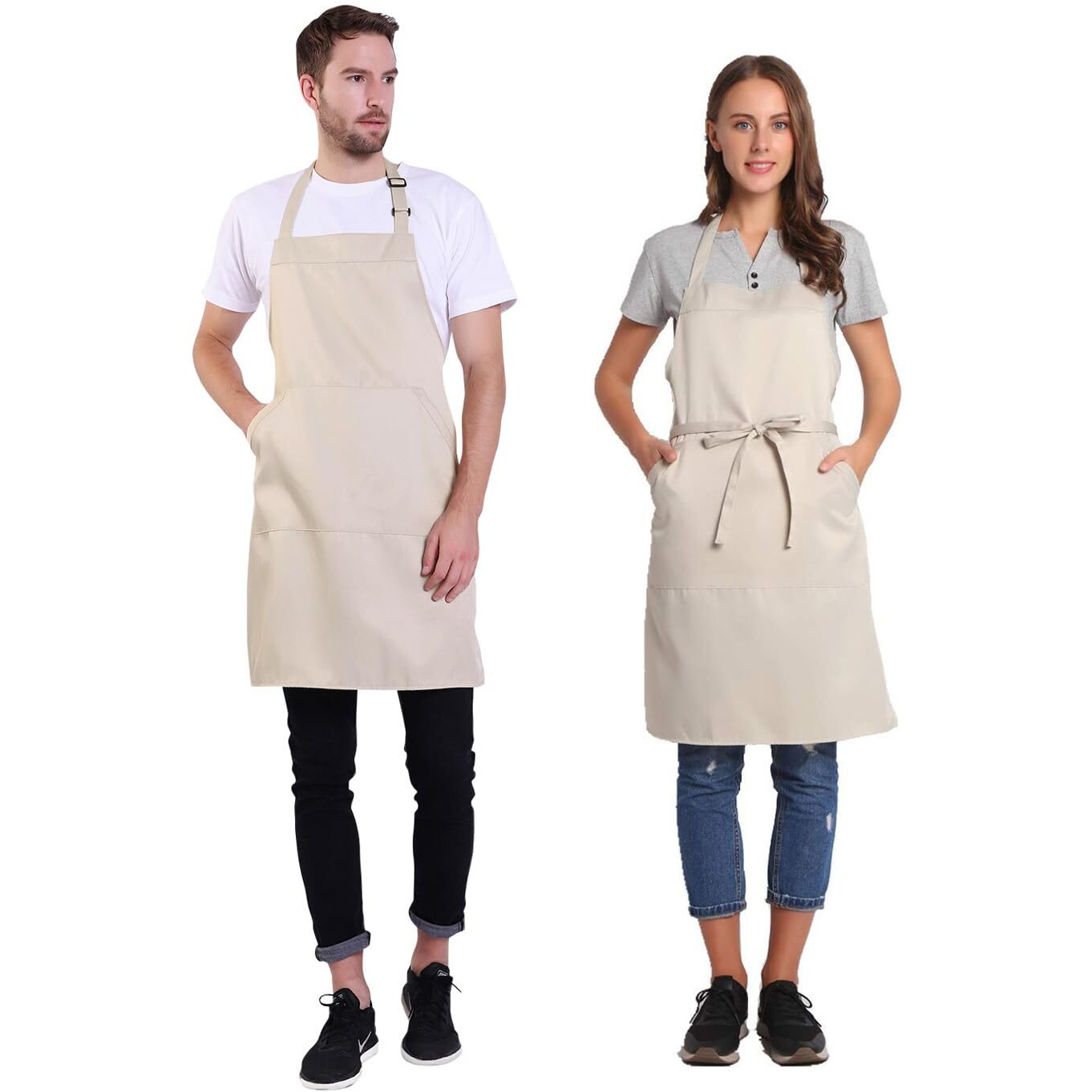 Bighas Adjustable Bib Apron With Pocket Extra Long Ties For Women Men, 18 Colors, Chef, Kitchen, Home, Restaurant, Cafe, Cooking, Baking (Beige)