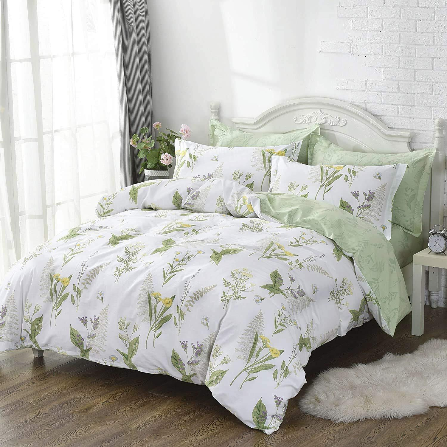 Fadfay Farmhouse Premium Shabby Green Daisy And Botanical Lavender Flowers 100% Cotton Bedding Set King Duvet Cover Set With Hidden Zipper Closure 3-Piece1 Duvet Cover & 2Pillowcases