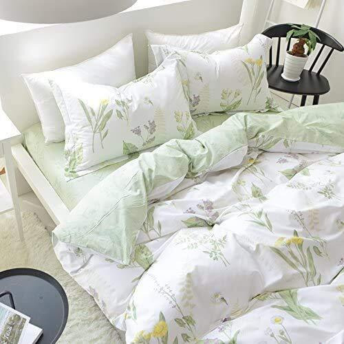 Fadfay Farmhouse Premium Shabby Green Daisy And Botanical Lavender Flowers 100% Cotton Bedding Set King Duvet Cover Set With Hidden Zipper Closure 3-Piece1 Duvet Cover & 2Pillowcases