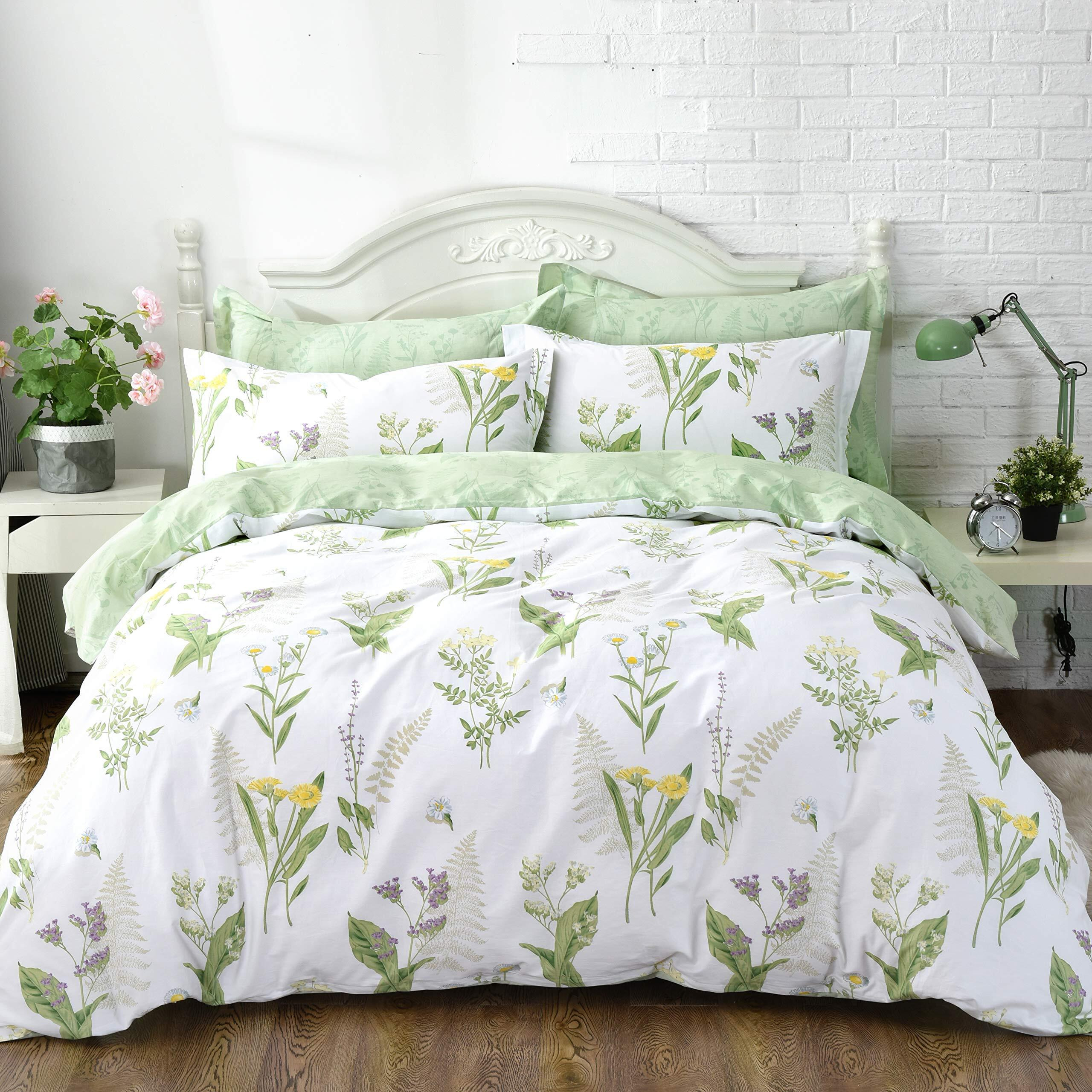 Fadfay Farmhouse Premium Shabby Green Daisy And Botanical Lavender Flowers 100% Cotton Bedding Set King Duvet Cover Set With Hidden Zipper Closure 3-Piece1 Duvet Cover & 2Pillowcases