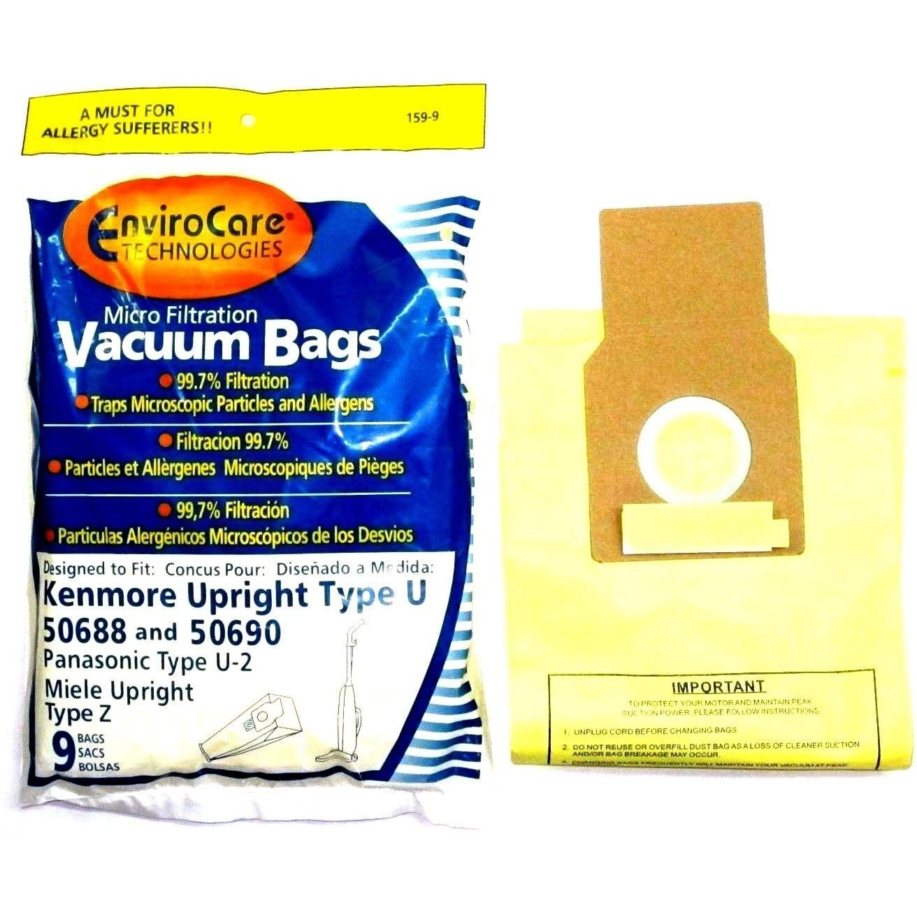 Envirocare Replacement Vacuum Bags Designed To Fit Kenmore Uprights 50688 And 50690, Panasonic Type U-2 Uprights 9 Bags And 1 Ef-1 Hepa Filter