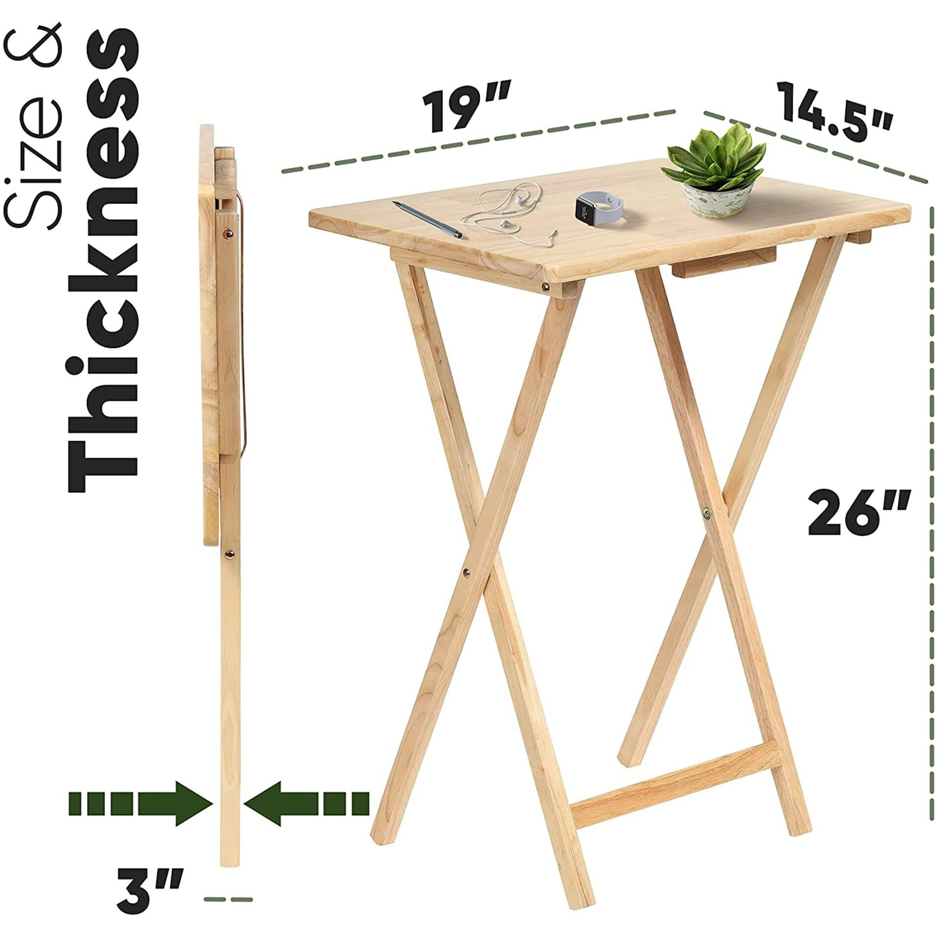 Pj Wood Lightweight Rectangle Solid Wood Construction Multifunctional Folding Table Tray With Compact Storage Rack, Natural, 5 Piece Set