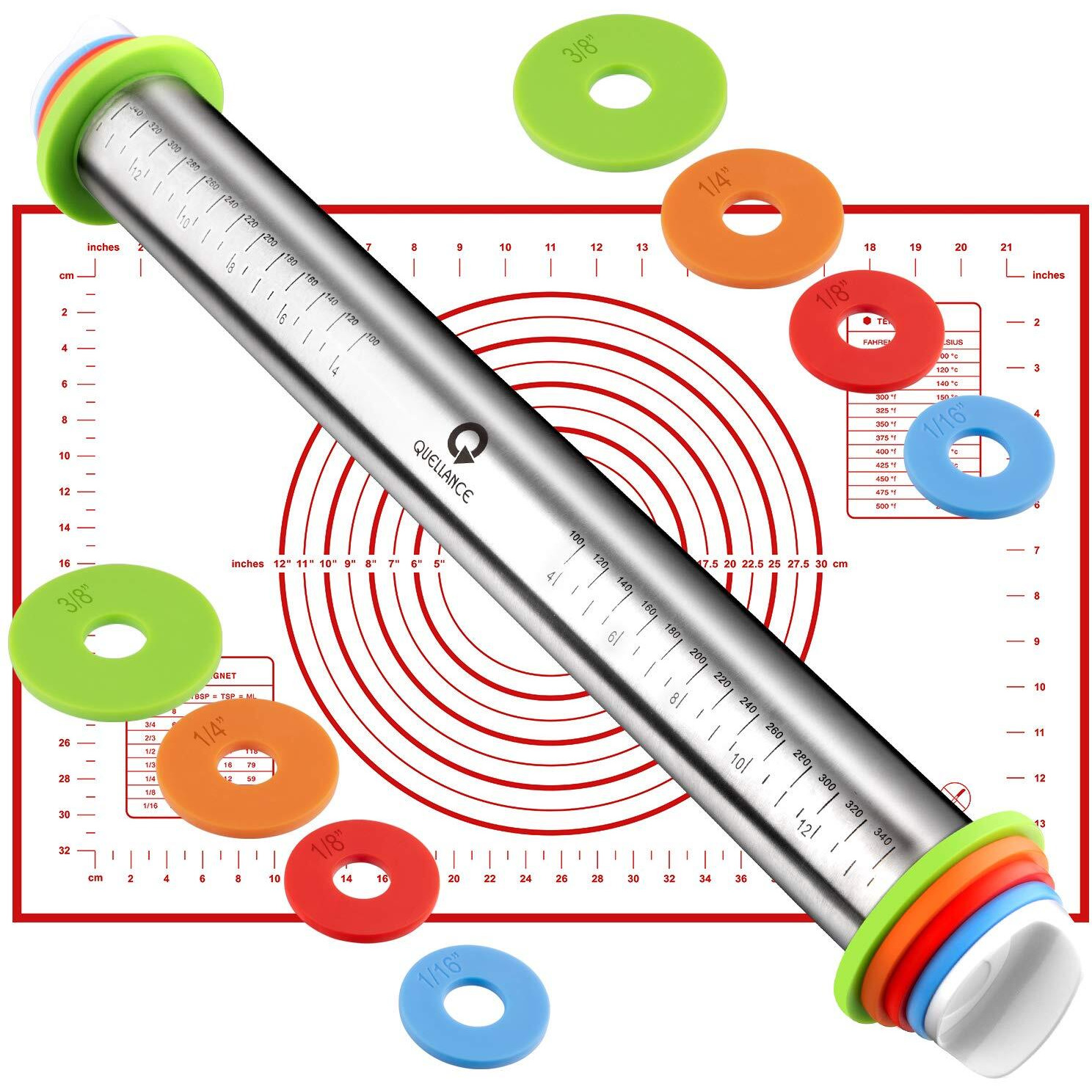 Rolling Pin And Pastry Baking Mat Set, Rolling Pins With Adjustable Thickness Rings, Stainless Steel Dough Roller For Baking Fondant, Pizza, Pie, Pastry, Pasta, Cookies (Red Mat)