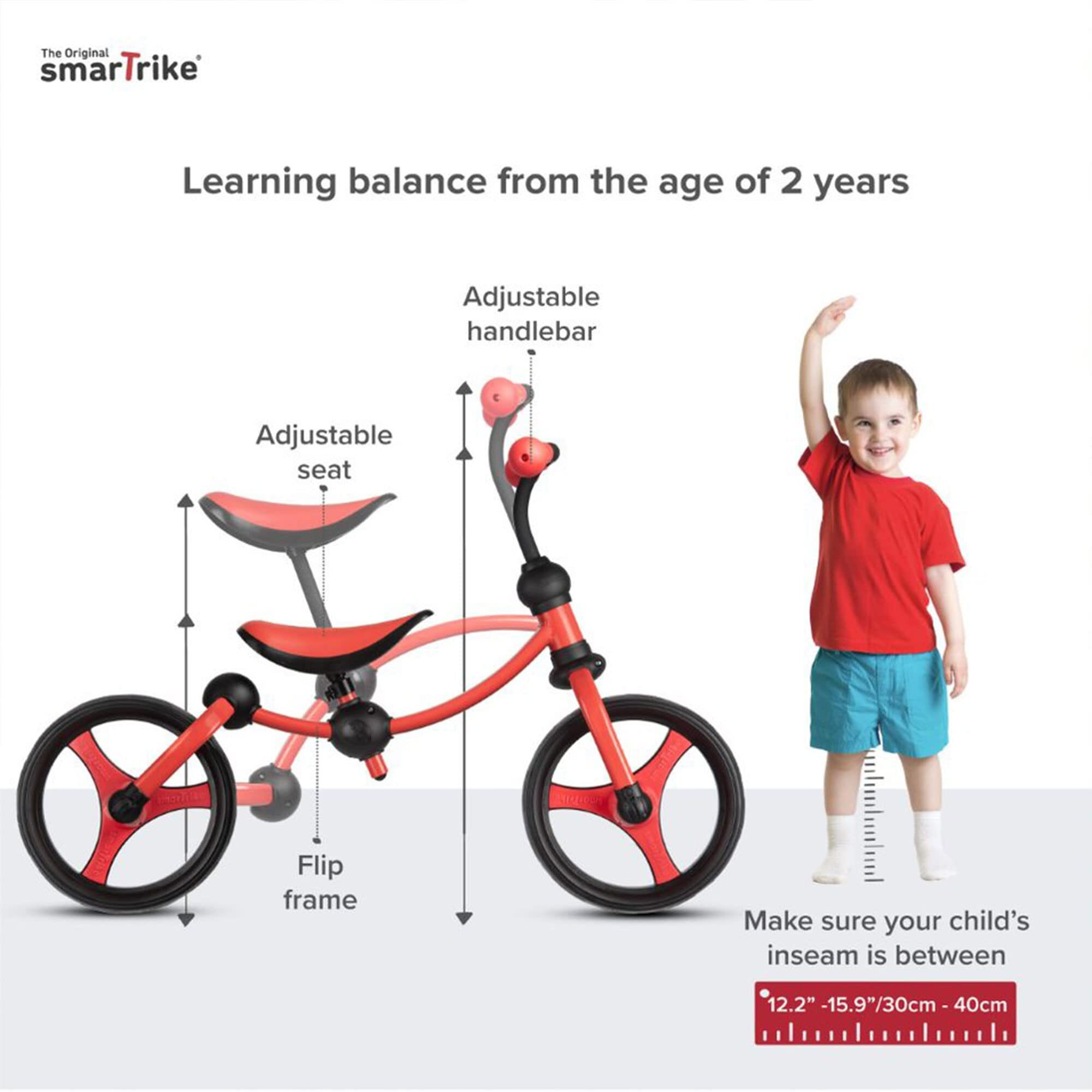 Smartrike Toddler Balance Bike - Lightweight & Adjustable Kids Balance Bike, Red (105-0100), Small