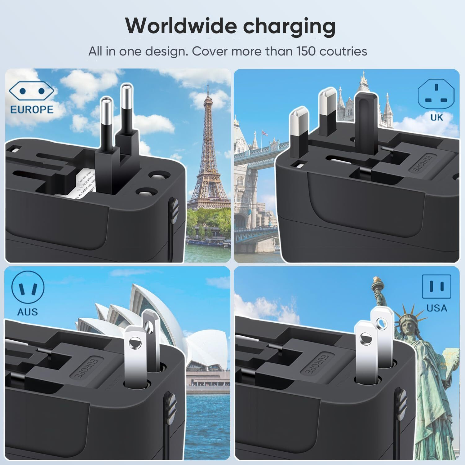 Mingtong Travel Adapter, Worldwide All In One Universal Travel Adaptor Ac Power Plug Adapter Wall Charger With Usb-C And Usb-A Charging Ports For Usa Eu Uk Aus Black