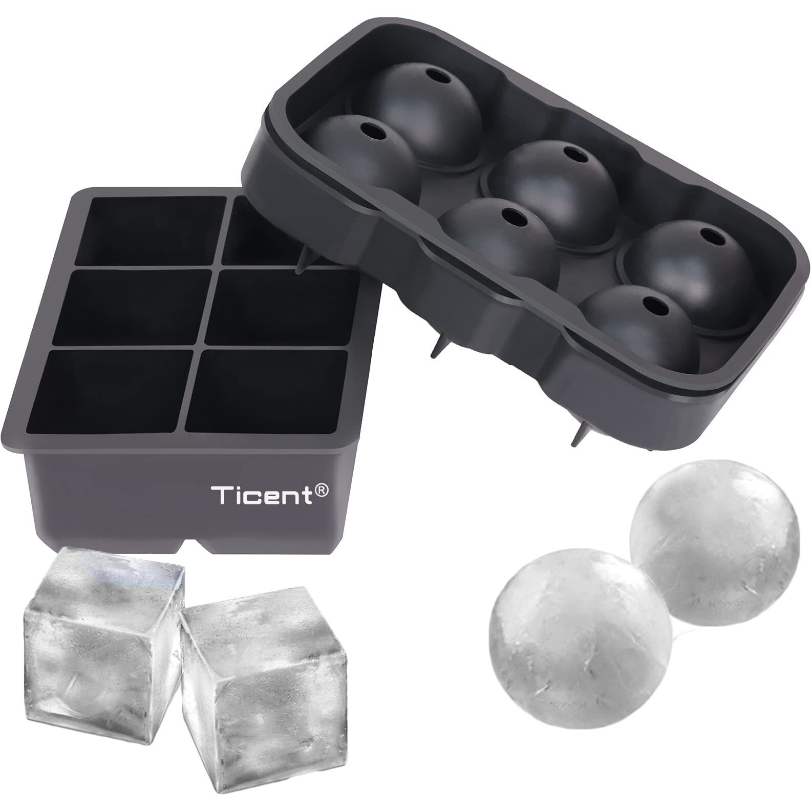 Ticent Ice Cube Trays (Set Of 2), Silicone Sphere Whiskey Ice Ball Maker With Lids & Large Square Ice Cube Molds For Cocktails & Bourbon - Reusable & Bpa Free