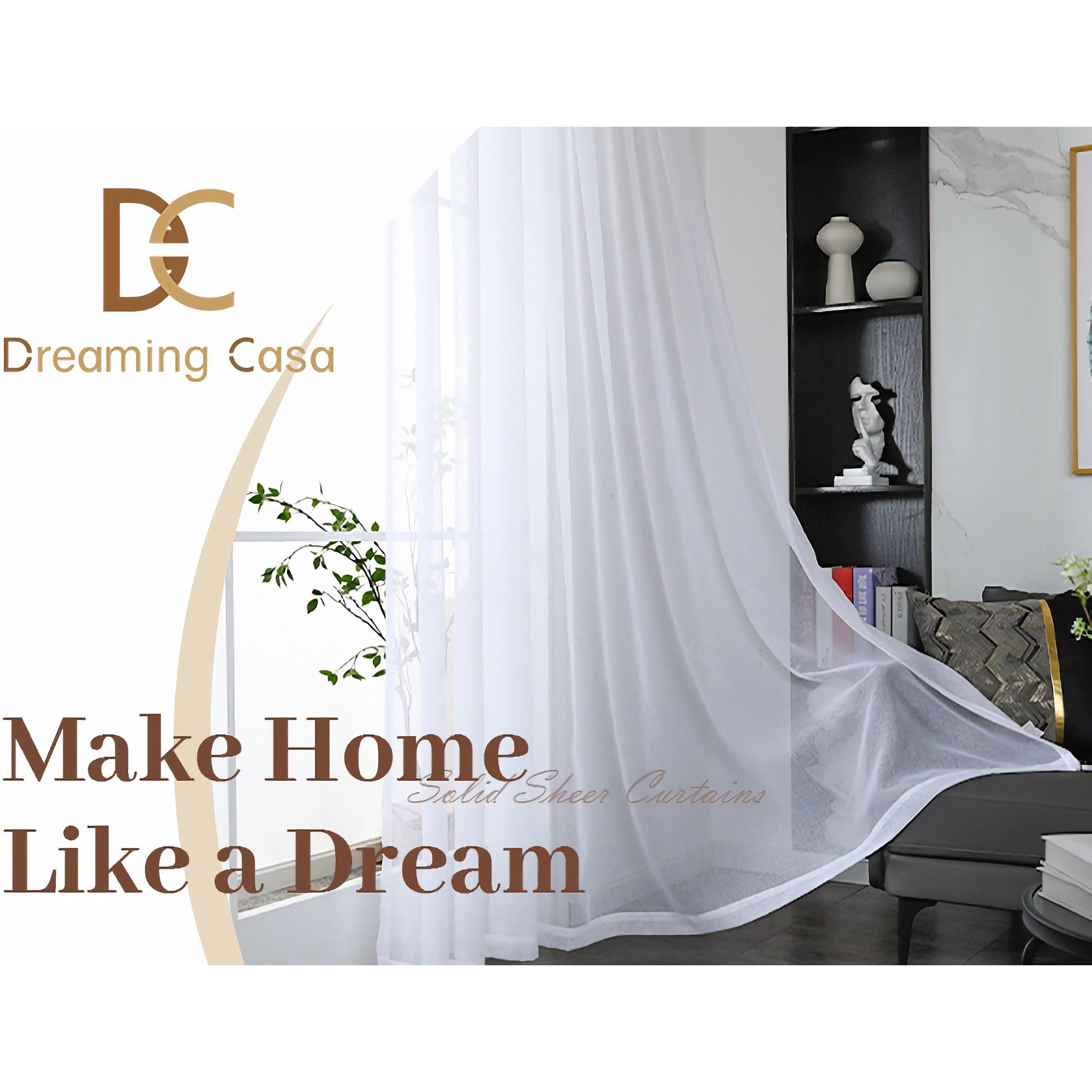 Dreaming Casa Solid Sheer Curtains Draperies White Rod Pocket 2 Panels 52"" W X 96"" L