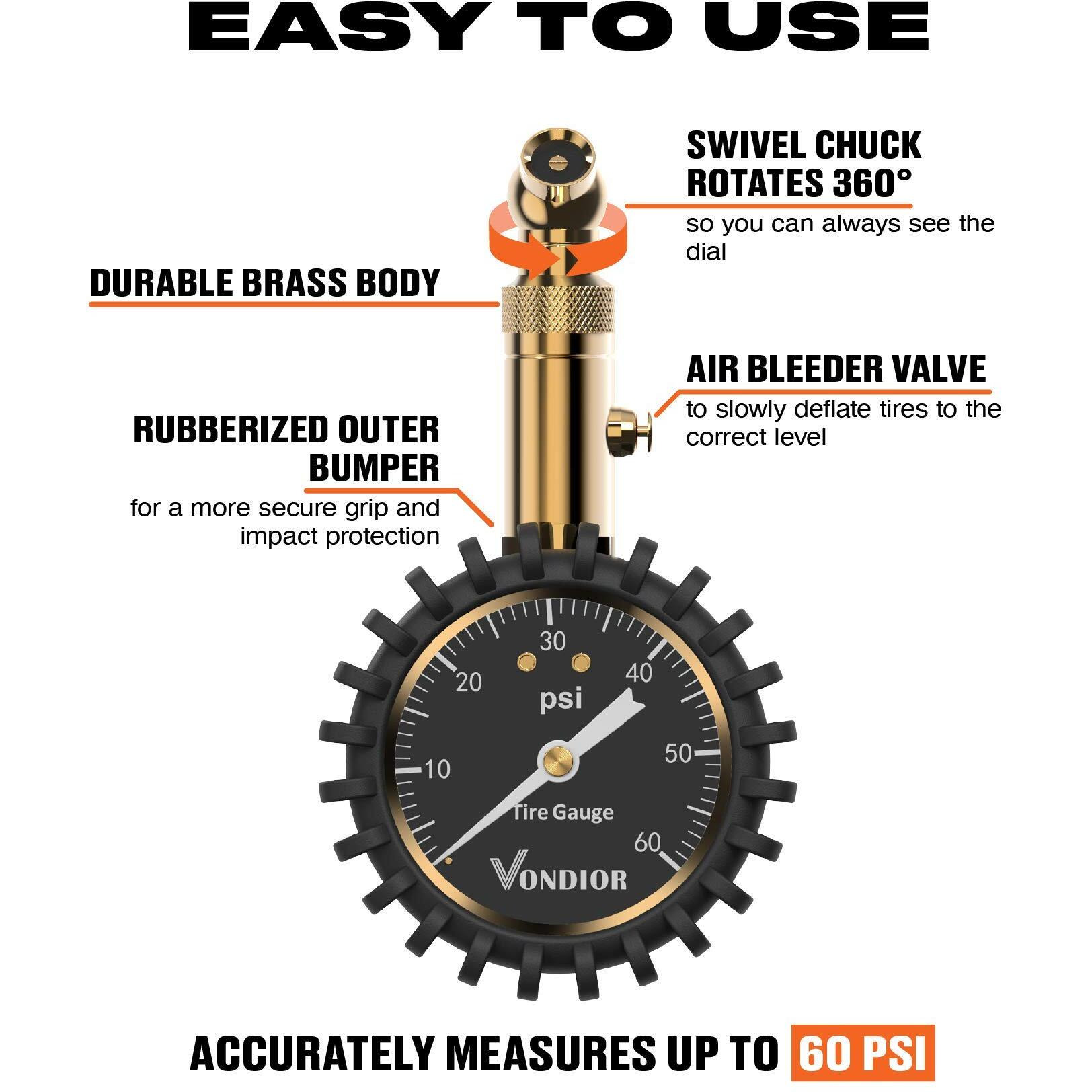 Tire Pressure Gauge - (0-60 Psi) Heavy Duty, Certified Ansi Accurate With Large 2 Inch Easy To Read Glow Dial, Low - High Air Pressure Gauge. Tire Gauge For Car And Trucks Tires By Vondior
