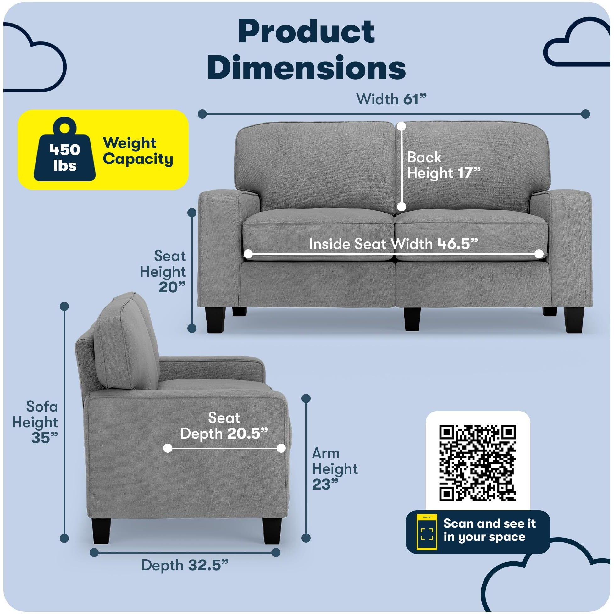 Serta Palisades 61"" Track Arm Sofa, Easy Care Polyester, Soft Pillow Back, Pocket Coil Seat Cushions, Removable Covers, Loveseat Or Couch For Small Spaces, Living Rooms Or Bedrooms, Glacial Gray