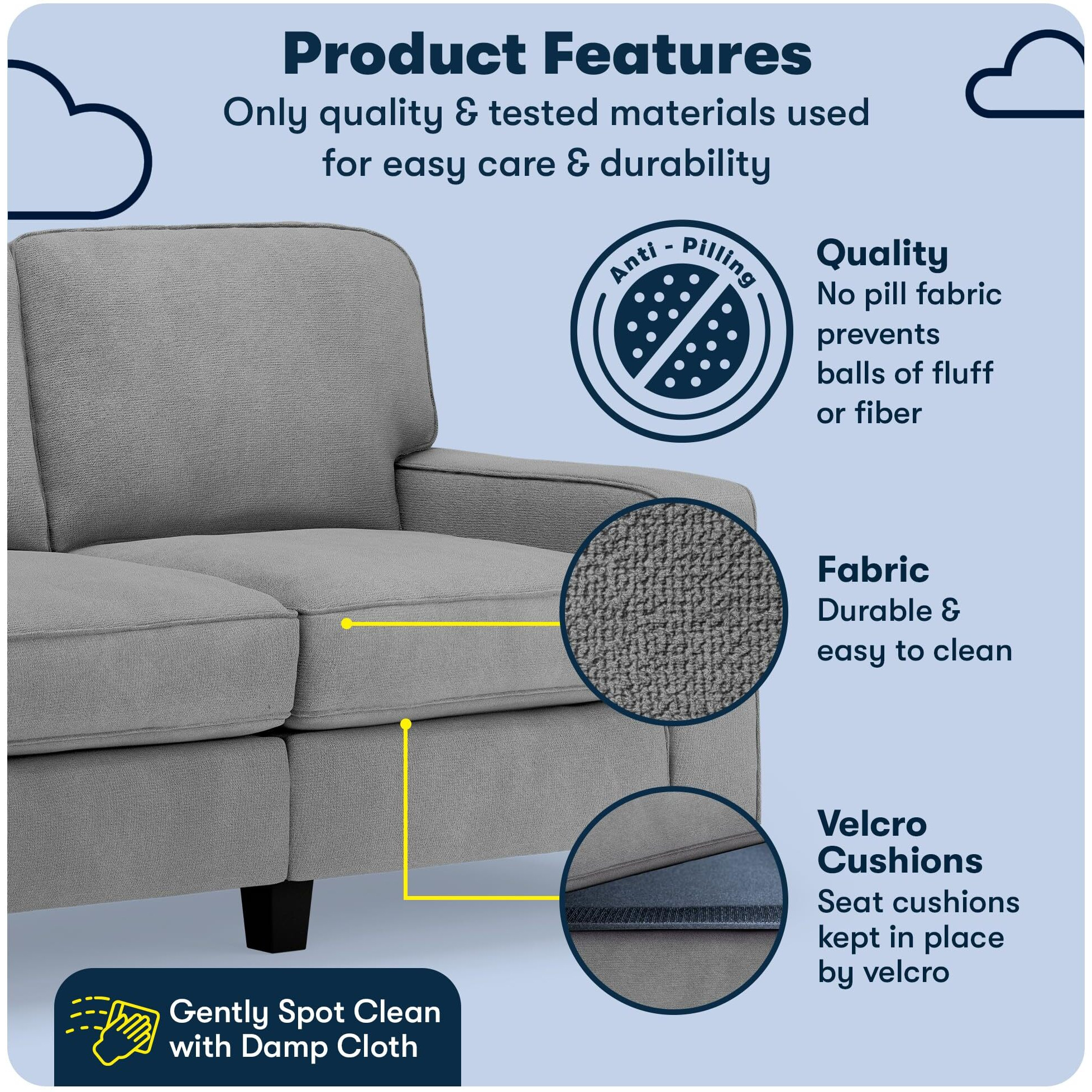 Serta Palisades 61"" Track Arm Sofa, Easy Care Polyester, Soft Pillow Back, Pocket Coil Seat Cushions, Removable Covers, Loveseat Or Couch For Small Spaces, Living Rooms Or Bedrooms, Glacial Gray