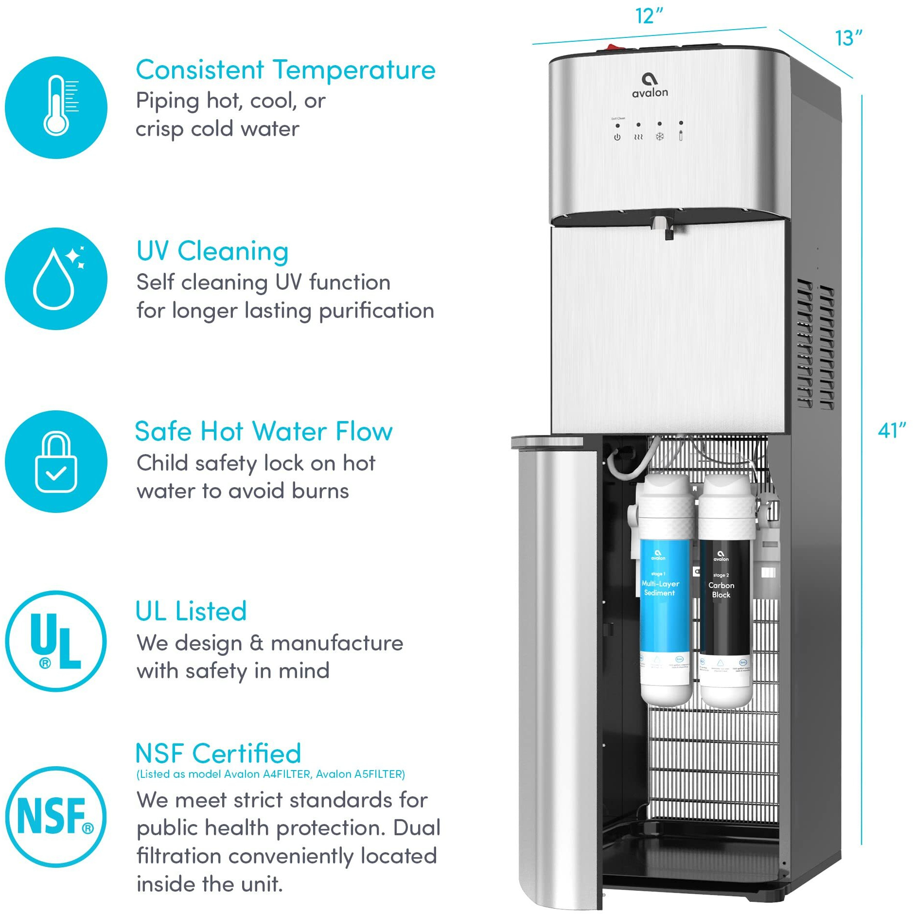 Avalon Self Cleaning Bottleless Water Cooler Water Dispenser - 3 Temperature Settings - Hot, Cold & Room Water, Durable Stainless Steel Cabinet, Nsf Certified Filter- Ul Listed