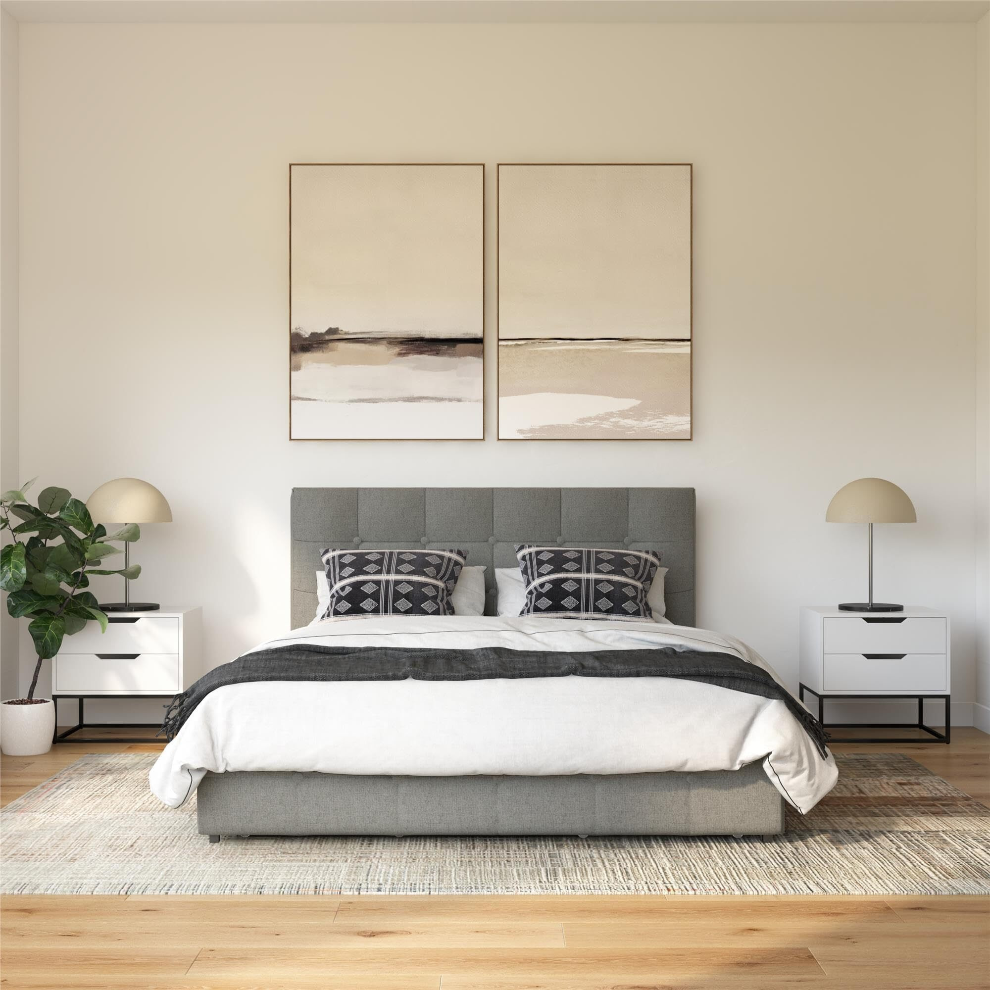 Dhp Rose Upholstered Platform Bed With Underbed Storage Drawers And Button Tufted Headboard And Footboard, No Box Spring Needed, Full, Gray Linen
