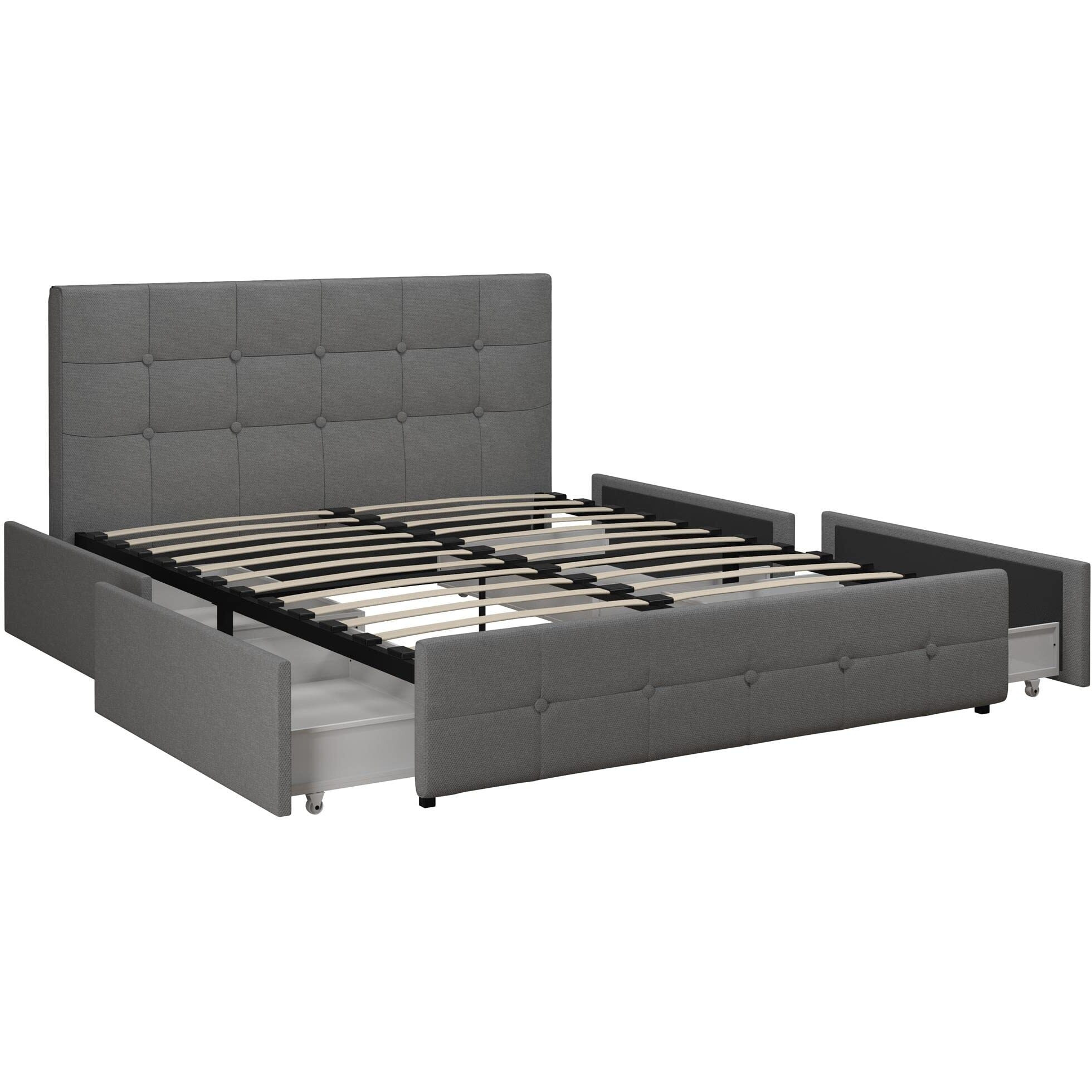 Dhp Rose Upholstered Platform Bed With Underbed Storage Drawers And Button Tufted Headboard And Footboard, No Box Spring Needed, Full, Gray Linen