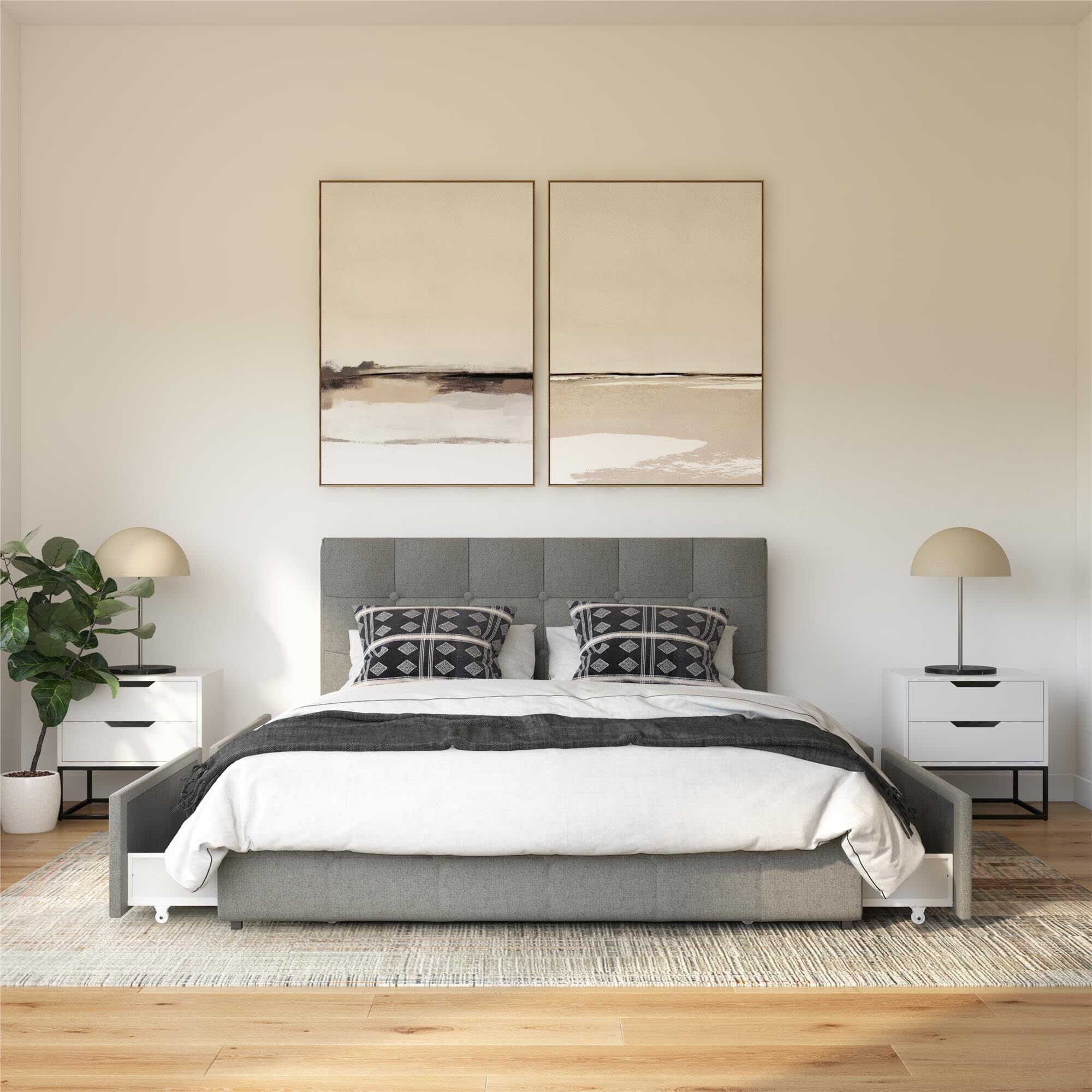 Dhp Rose Upholstered Platform Bed With Underbed Storage Drawers And Button Tufted Headboard And Footboard, No Box Spring Needed, Full, Gray Linen