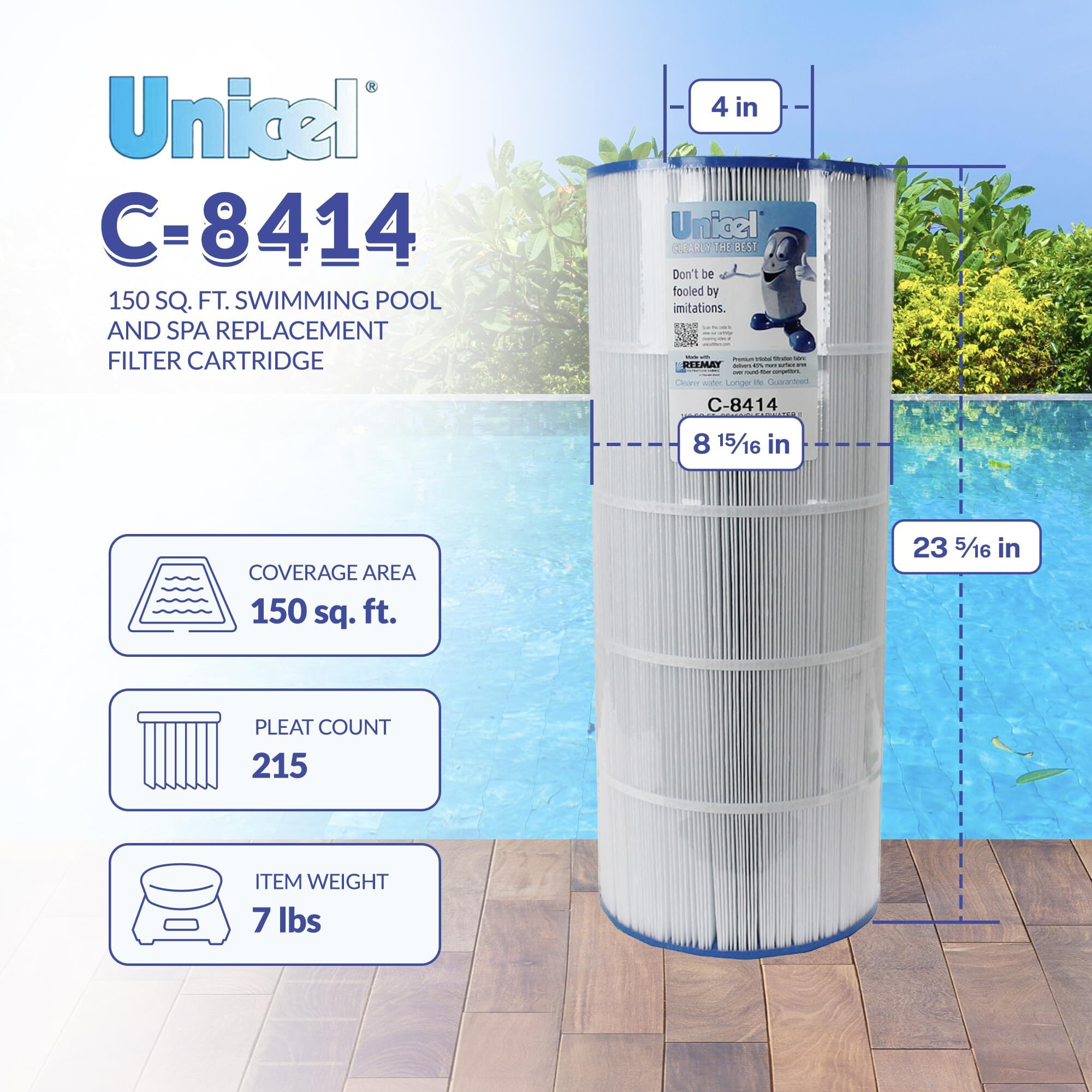 Unicel 150 Square Foot Swimming Pool And Spa Replacement Filter Cartridge With Urethane End Caps For Multiple Pool Filter Models