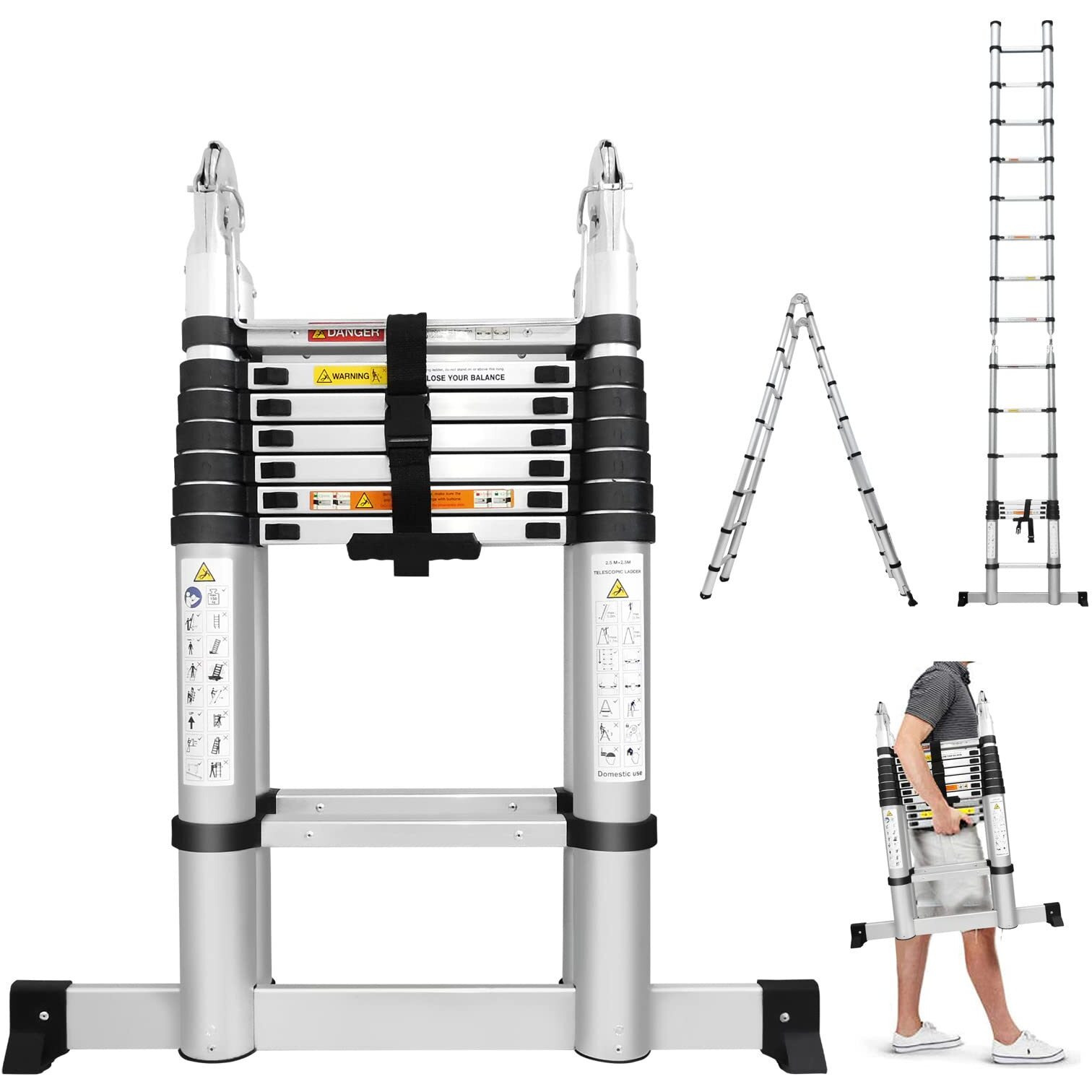 16.5Ft Aluminum Telescoping A-Frame Ladder En131 Certificated Telescopic Extension Tall Multi Purpose 16 Steps For Family Home Presents