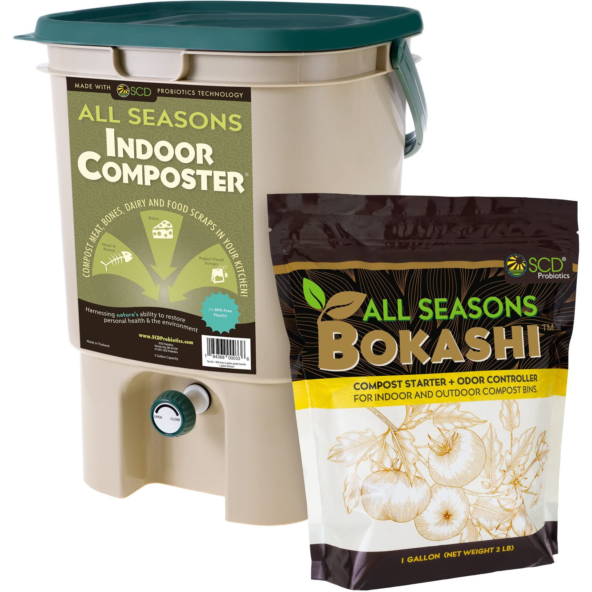 All Seasons Indoor Composter Starter Kit - 5 Gallon Tan Compost Bin For Kitchen Countertop With Lid, Spigot & 1 Gallon (2 Lbs.) Bag Of Dry Bokashi Bran - By Scd Probiotics