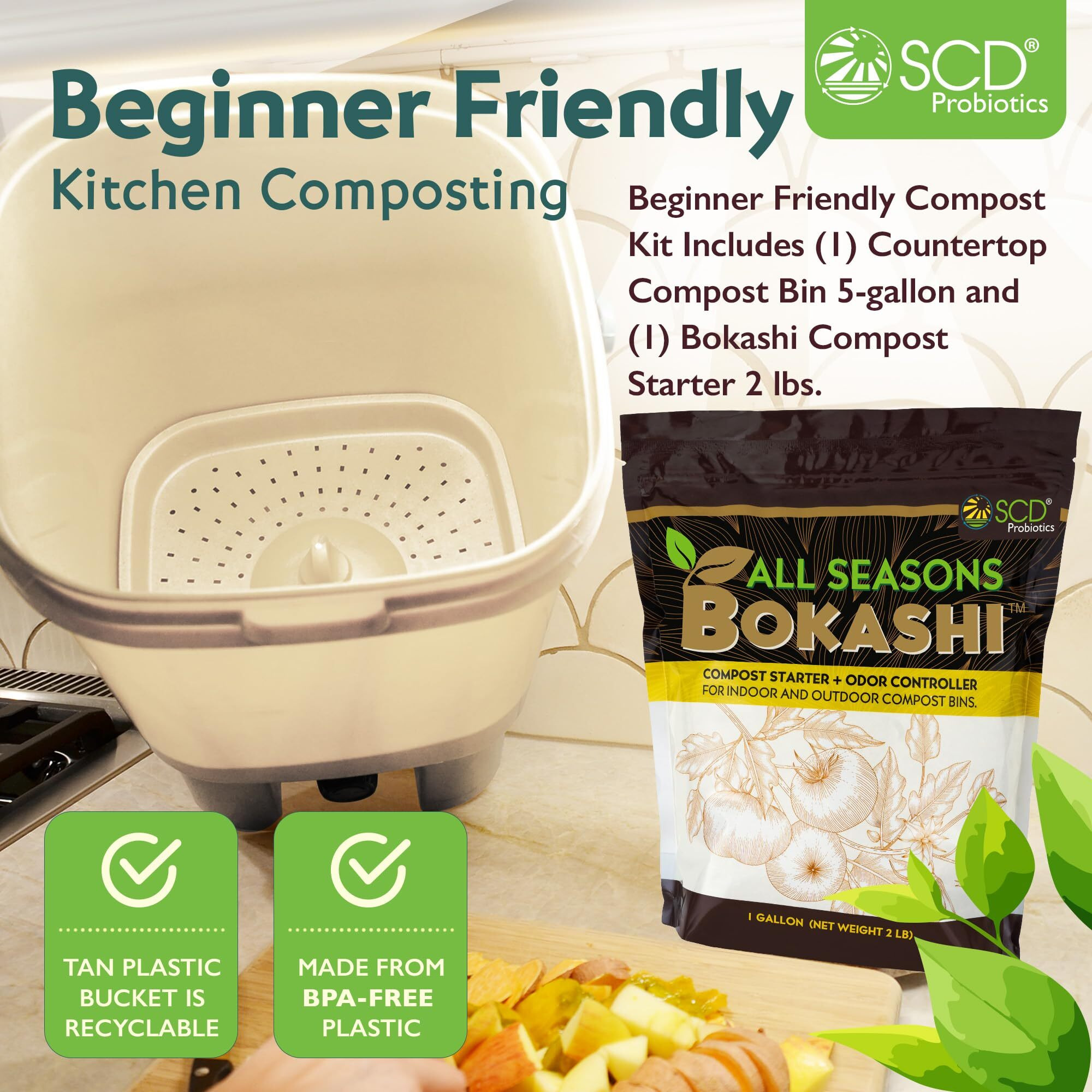 All Seasons Indoor Composter Starter Kit - 5 Gallon Tan Compost Bin For Kitchen Countertop With Lid, Spigot & 1 Gallon (2 Lbs.) Bag Of Dry Bokashi Bran - By Scd Probiotics