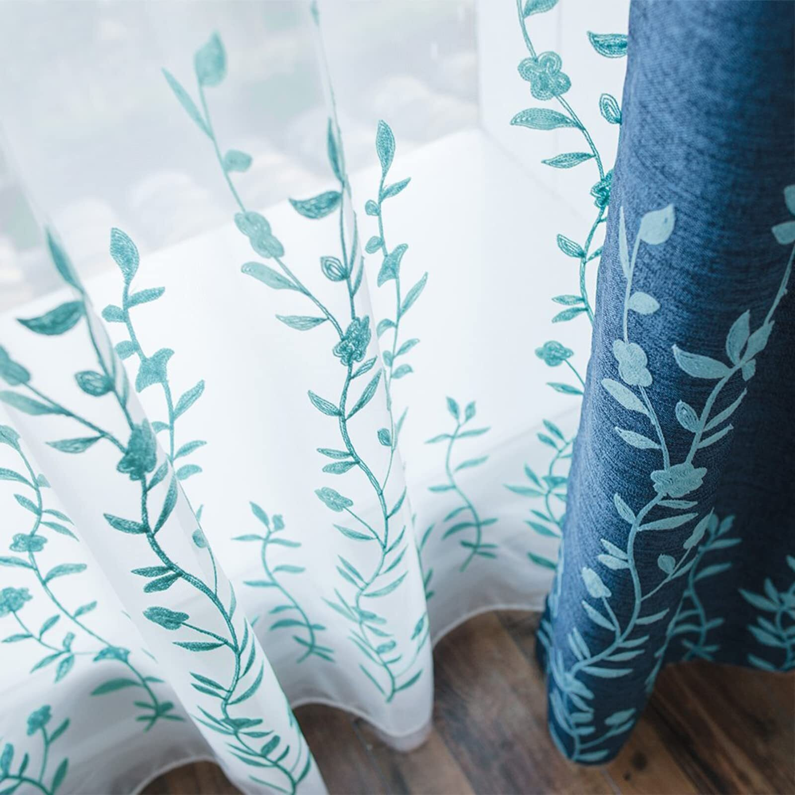 Melodieux Flower Embroidery Sheer Curtain For Living Room, Bedroom Farmhouse Style Rod Pocket Voile Drape, White/Blue, 52 By 84 Inch (1 Panel)