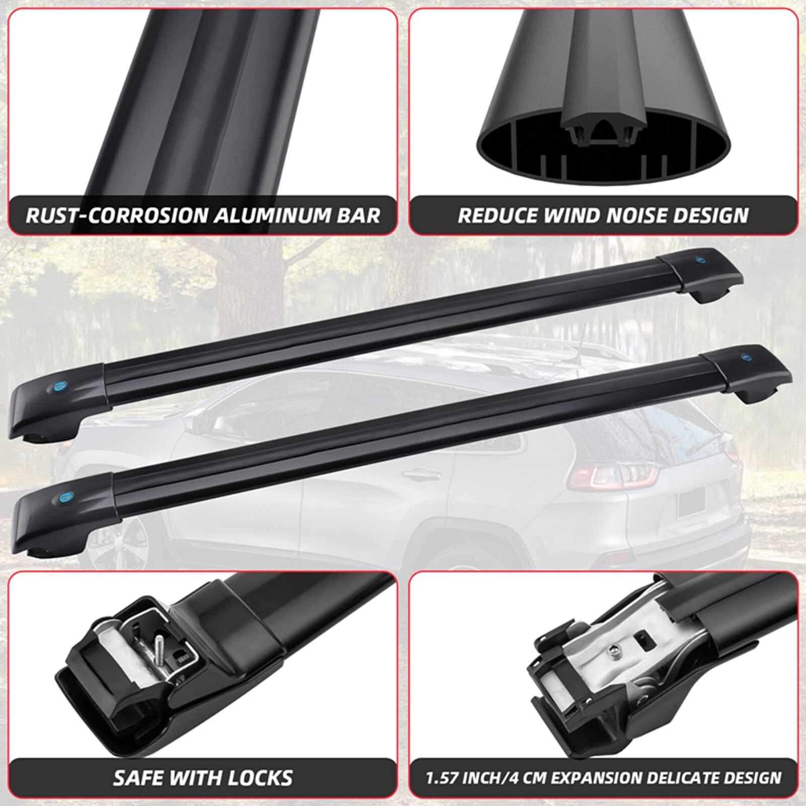 Motorfansclub Lockable Roof Rack Cross Bars Fit For Jeep Cherokee 2014 2015 2016 2017 2018 2019 2020 2021 2022 2023 Cargo Luggage Rack Rail Aluminum (Doesn'T Fit For Grand Cherokee)