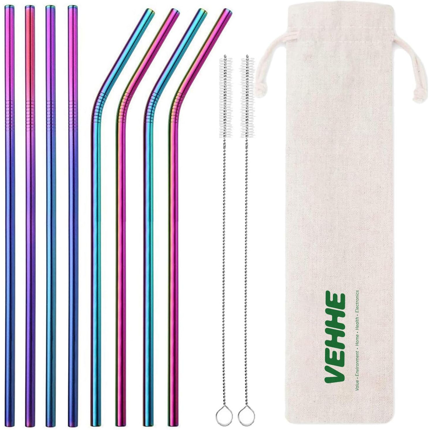 Vehhe Metal Straws Drinking Straws 10.5"" Stainless Steel Straws Reusable 8 Set - Ultra Long Rainbow Color-Cleaning Brush For 20/30 Oz For Yeti