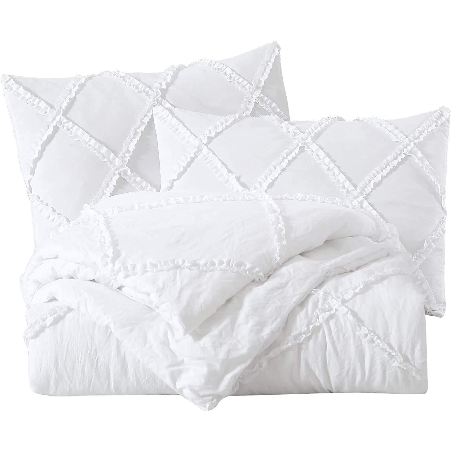 Chezmoi Collection Vivian 3-Piece Diamond Ruffle Quilted Trim Soft Washed Microfiber Comforter Set (Full, White)