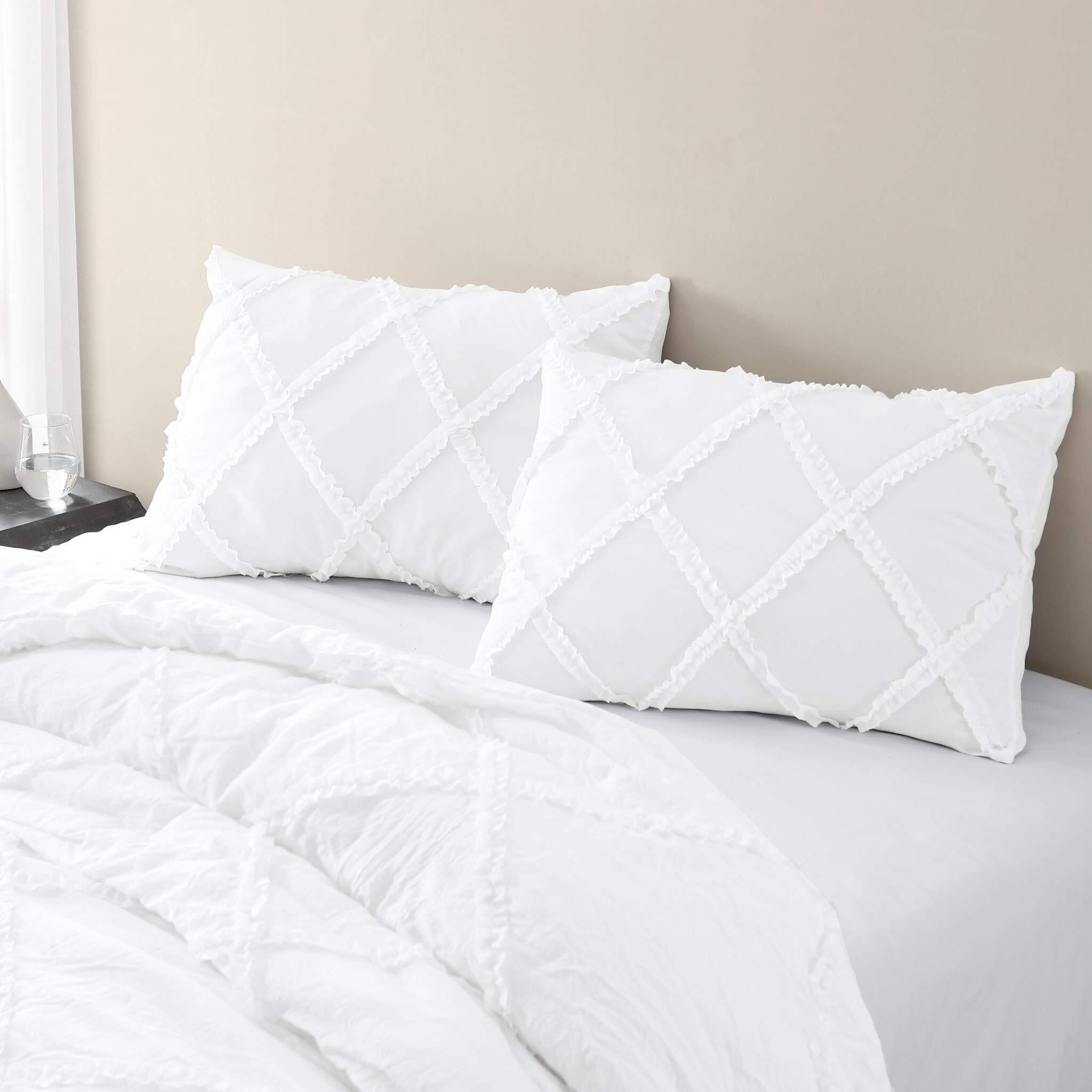 Chezmoi Collection Vivian 3-Piece Diamond Ruffle Quilted Trim Soft Washed Microfiber Comforter Set (Full, White)