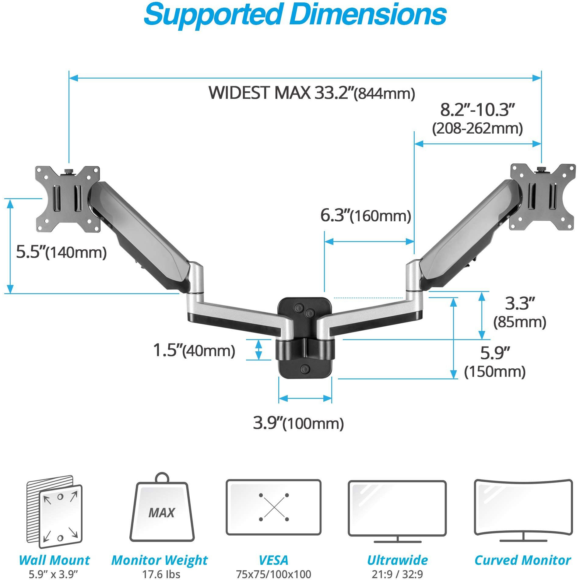 Avlt Dual Extended 13""-32"" Monitor Wall Mount Fits Two Flat/Curved Computer Monitor Full Motion Height Swivel Tilt Rotation Adjustable Monitor Arm - Vesa/Cable Management