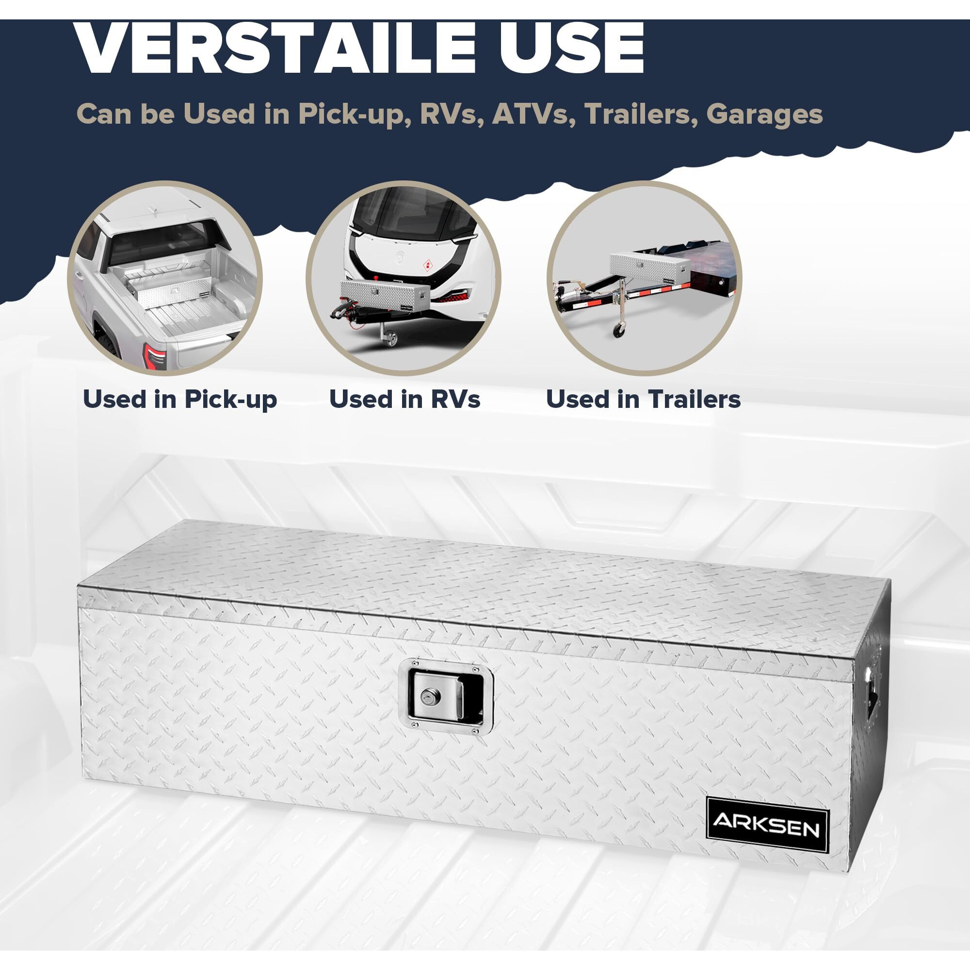 Arksen 39 Inch Heavy Duty Aluminum Diamond Plate Tool Box, Waterproof Truck Storage Organizer Chest For Pick Up Truck Bed, Rv Trailer With Side Handle, Lock And Keys - Silver