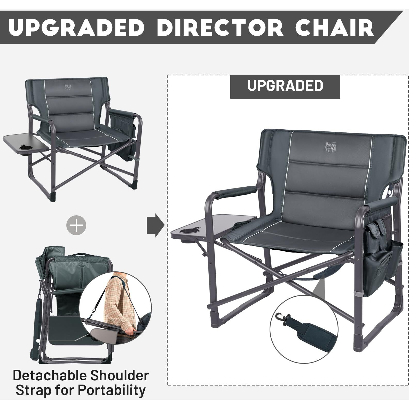 Timber Ridge Xxl Upgraded Oversized Directors Chairs With Foldable Side Table, Detachable Side Pocket, Heavy Duty Folding Camping Chair Up To 600 Lbs Weight Capacity (Gray) Ideal Gift