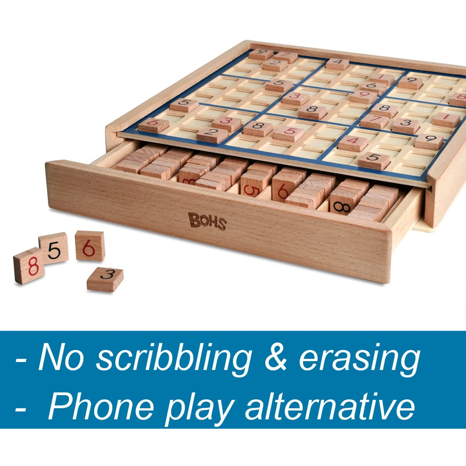 Bohs Wooden Sudoku Board Game With Drawer - With Book Of 100 Sudoku Puzzles For Adults - Brain Teaser Desktop Toys