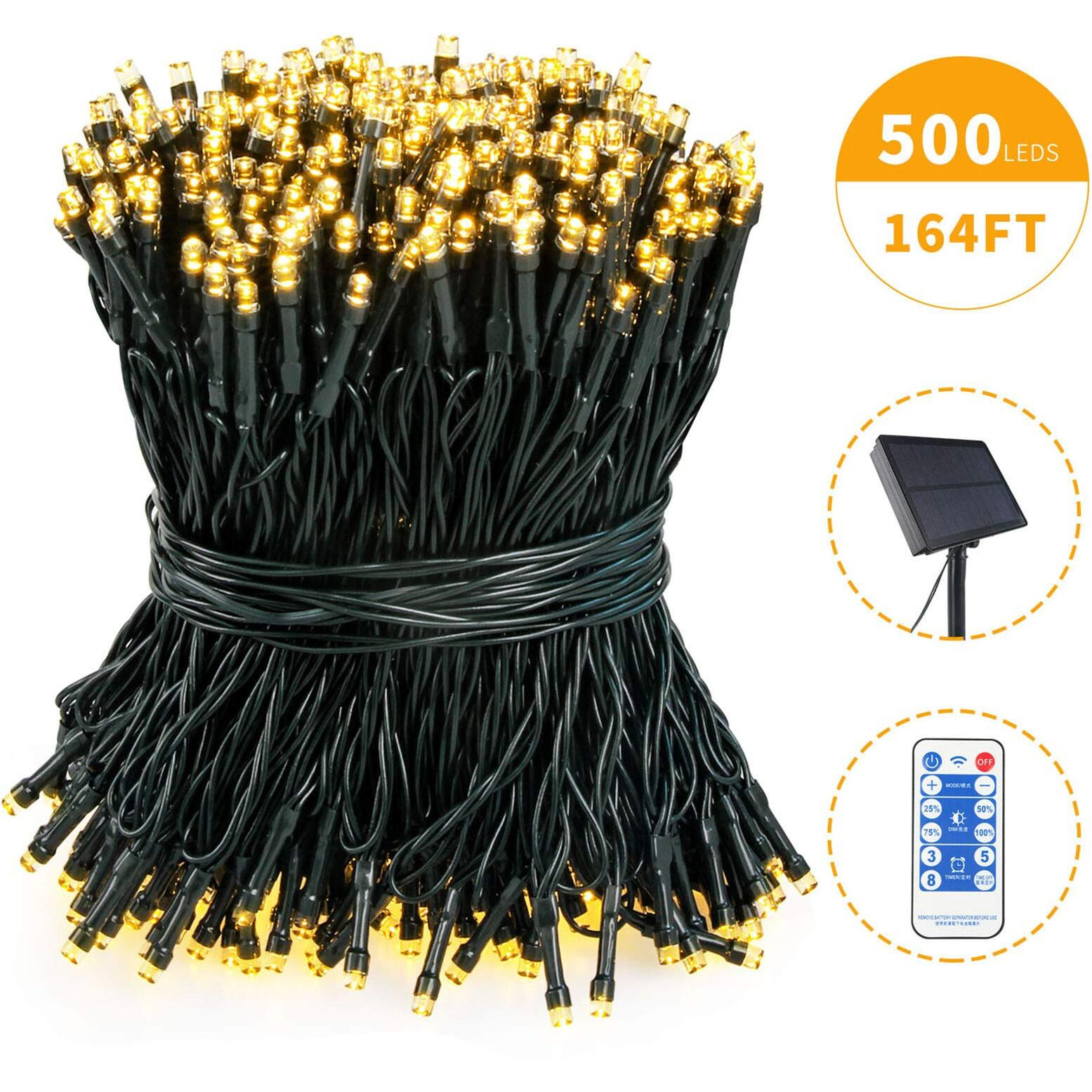 Tcamp 164Ft 500 Led Solar Christmas Lights Outdoor Waterproof With Remote Timer, 8 Modes Solar Powered Fairy String Lights For Christmas Tree Wedding Party Holiday Outdoor Indoor Decor (Warm White)