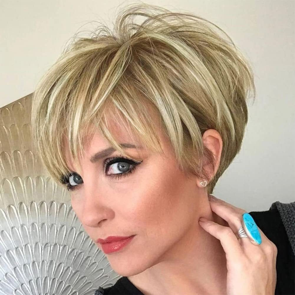 Phocas Pixie Cut Wigs Short Stylish Fluffy Layer Wig None Lace Replacement Wig With Bangs For Women Brown Mix Blonde Wig Short
