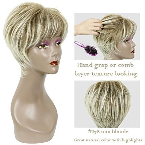 Phocas Pixie Cut Wigs Short Stylish Fluffy Layer Wig None Lace Replacement Wig With Bangs For Women Brown Mix Blonde Wig Short