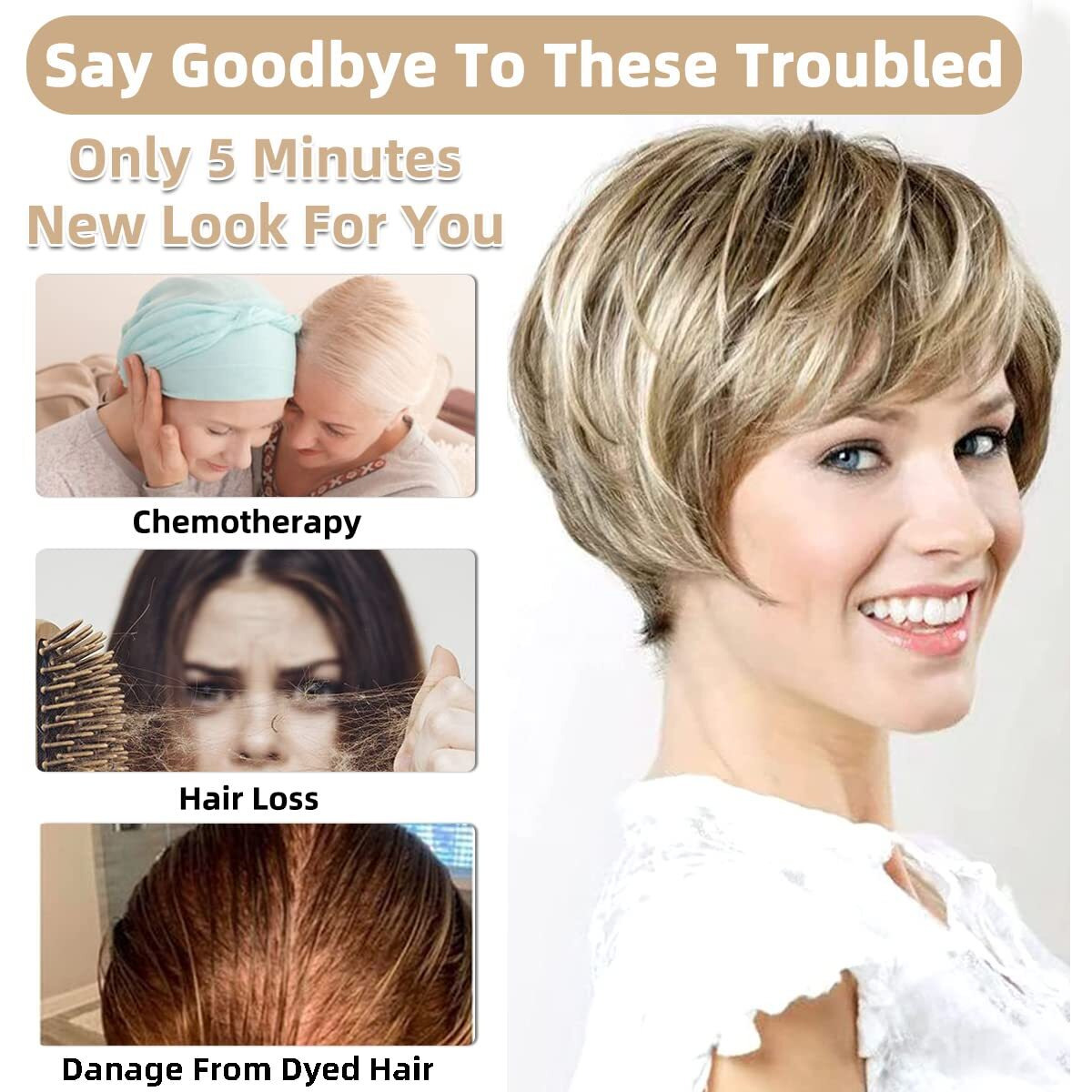 Phocas Pixie Cut Wigs Short Stylish Fluffy Layer Wig None Lace Replacement Wig With Bangs For Women Brown Mix Blonde Wig Short