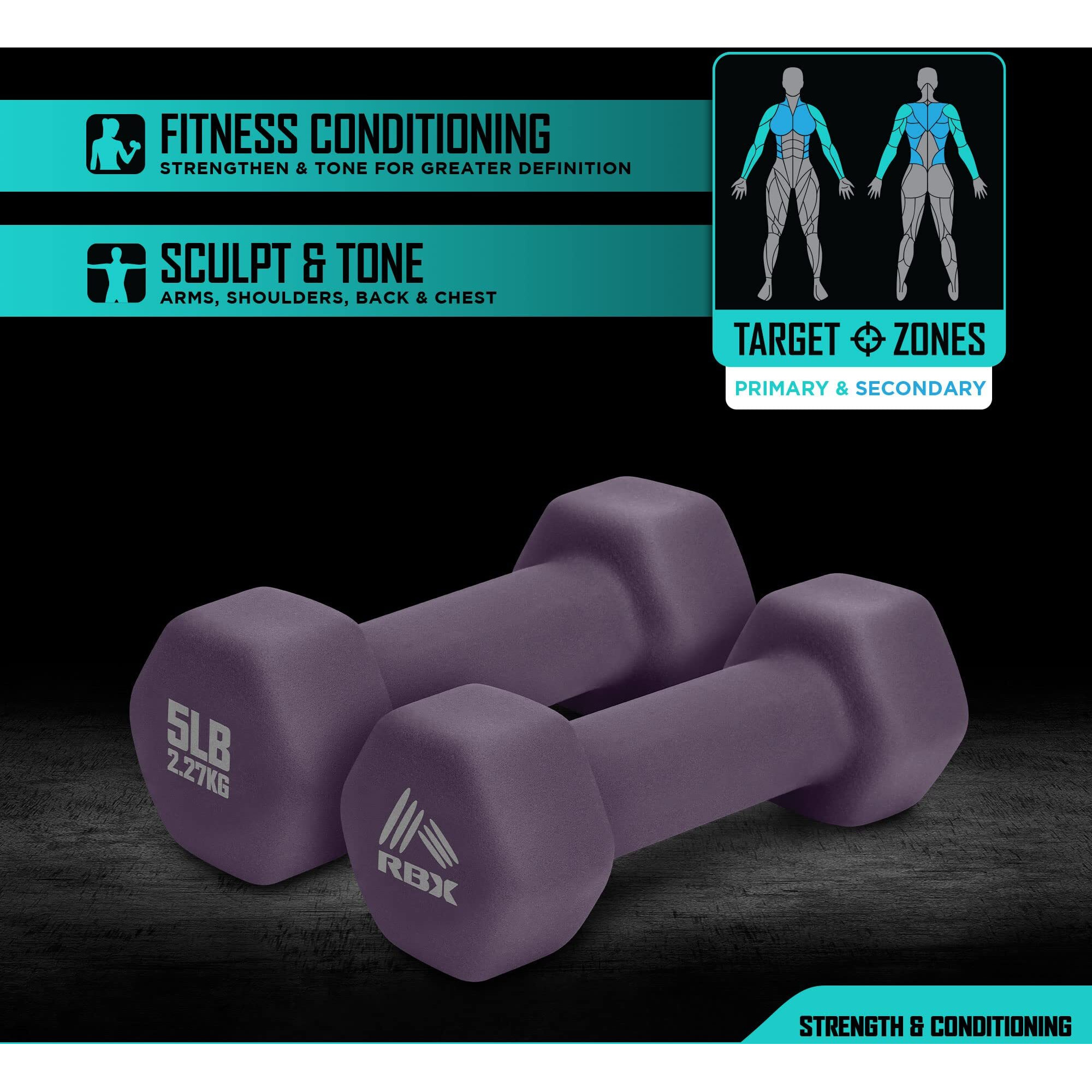 Rbx Weights Dumbbells Set - Neoprene Arm Weights With Non-Slip Grip, Strength Training Equipment Workout Weights For At Home Or Gym Training, Anti-Roll Royal Plum
