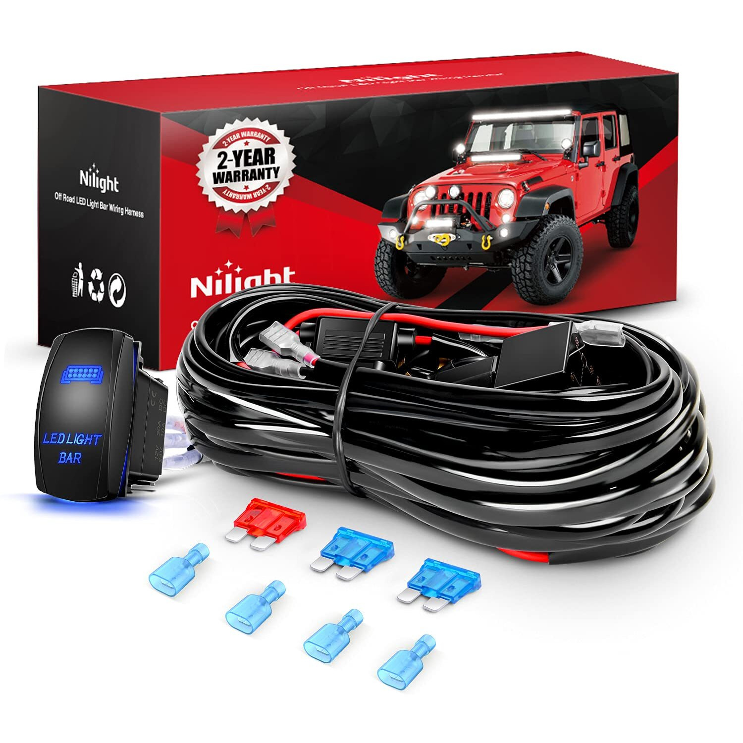 Nilight 10011W 16Awg Wiring Harness Kit-2 Leads Led Light Bar 12V On/Off 5 Pin Rocker Switch Power Relay Blade Fuse For Jeep Boat Trucks, 2 Years Warranty