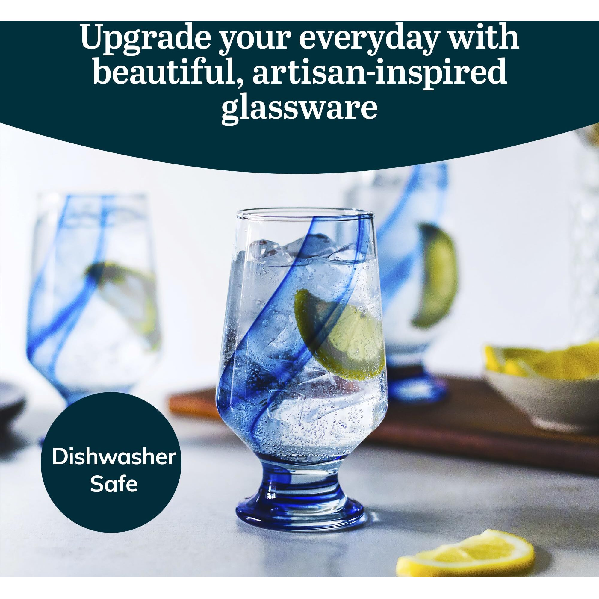 Libbey Blue Ribbon Goblet Glasses, Unique Blue Water Goblets Set Of 8, Thick Stemmed Water Glasses For Sodas & Cocktails