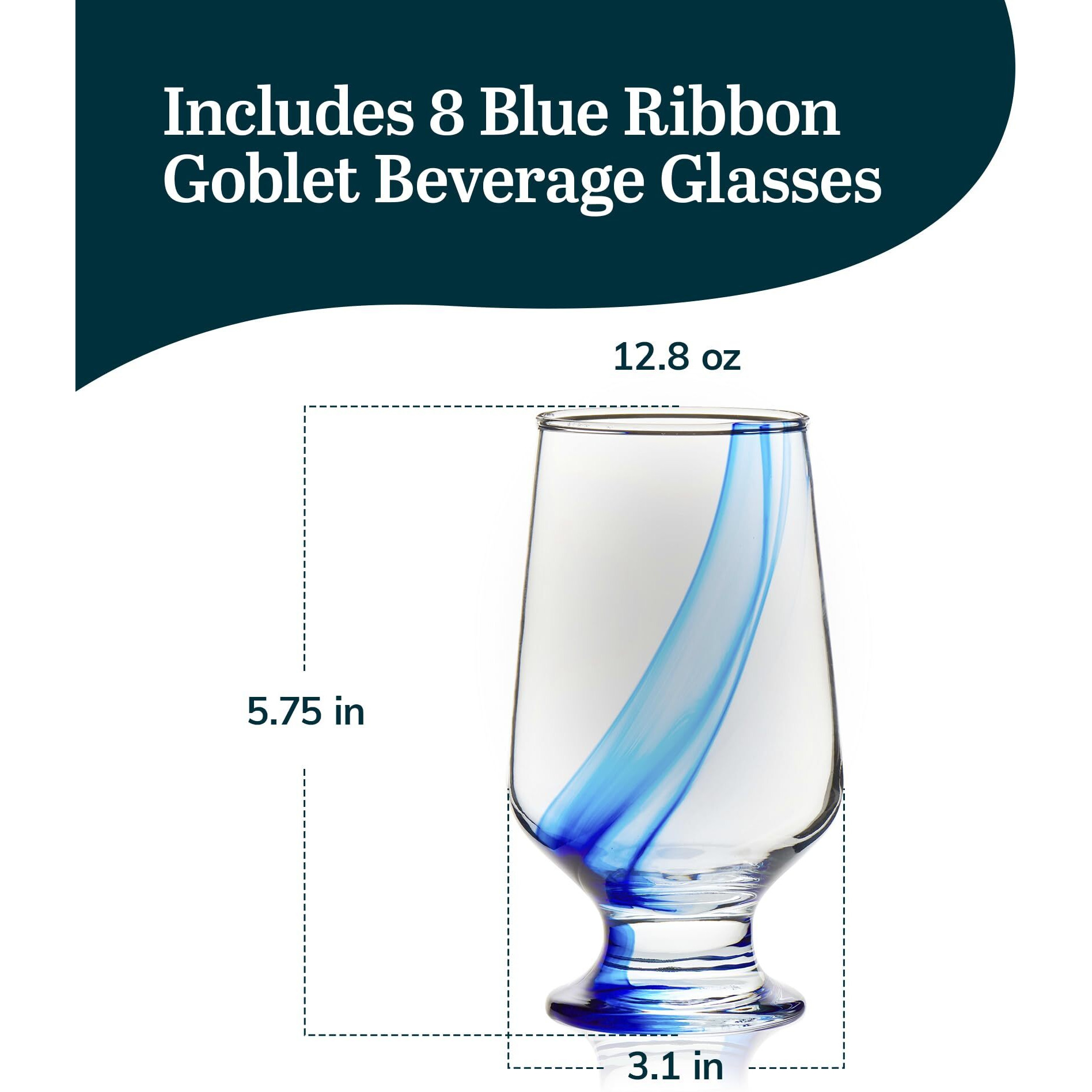 Libbey Blue Ribbon Goblet Glasses, Unique Blue Water Goblets Set Of 8, Thick Stemmed Water Glasses For Sodas & Cocktails