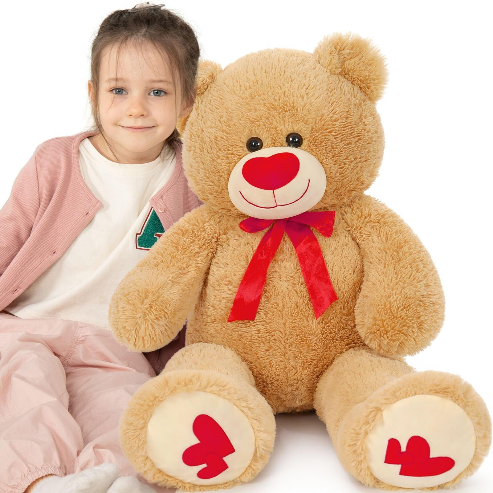 Maogolan Giant Teddy Bear 35"" Stuffed Animal - Red Heart Footprints Big Teddy Bear Plush For Valentines Day Gift,Anniversary,Long Distance