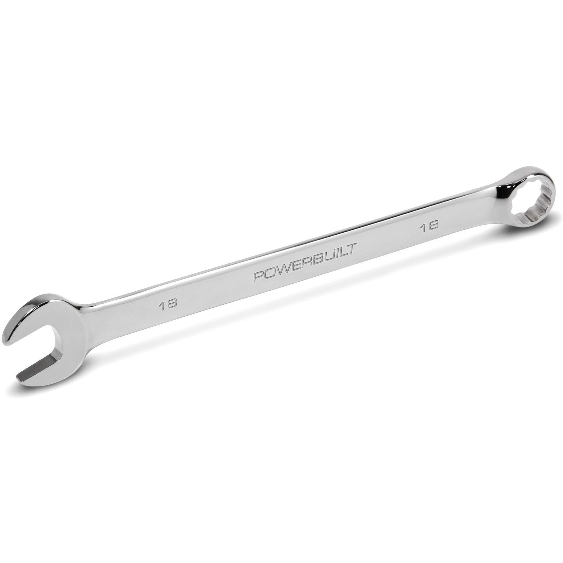 Powerbuilt 18Mm Metric Combination Wrench, Long Pattern, 12 Point Double Ended Box And Open End, 15 Degree Offset Polished 640453