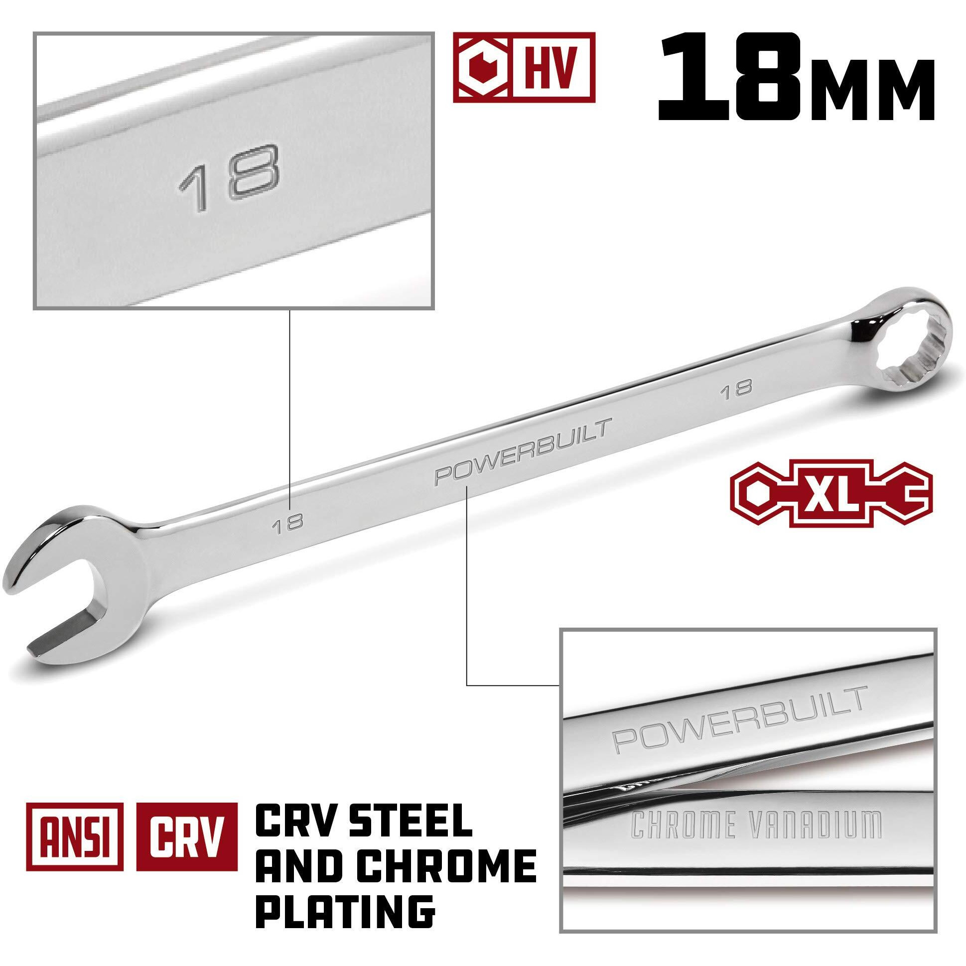 Powerbuilt 18Mm Metric Combination Wrench, Long Pattern, 12 Point Double Ended Box And Open End, 15 Degree Offset Polished 640453
